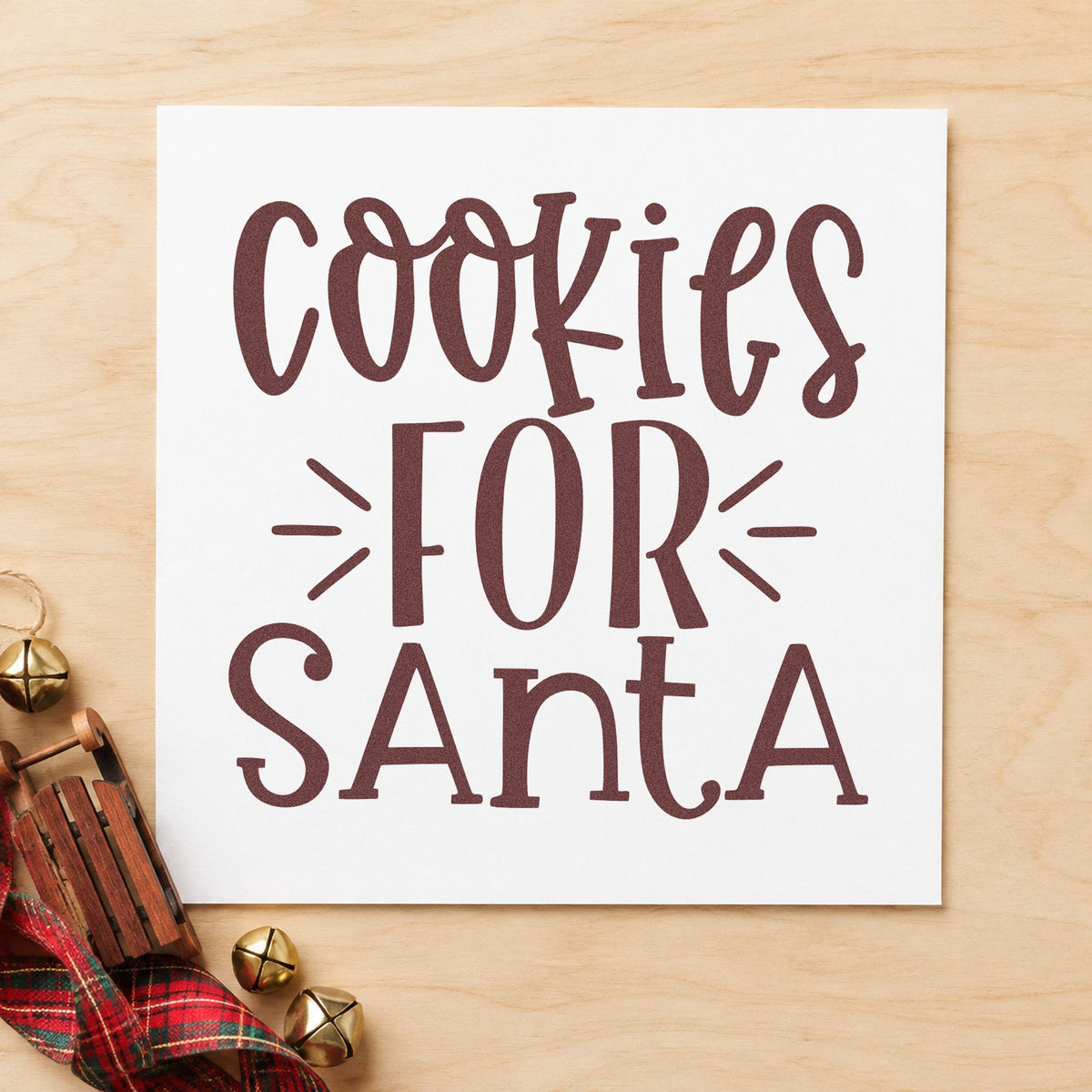 Cookies For Santa Lettering rubber stamp printed in brown ink, ready for bullet point sheet and similar paper crafts.