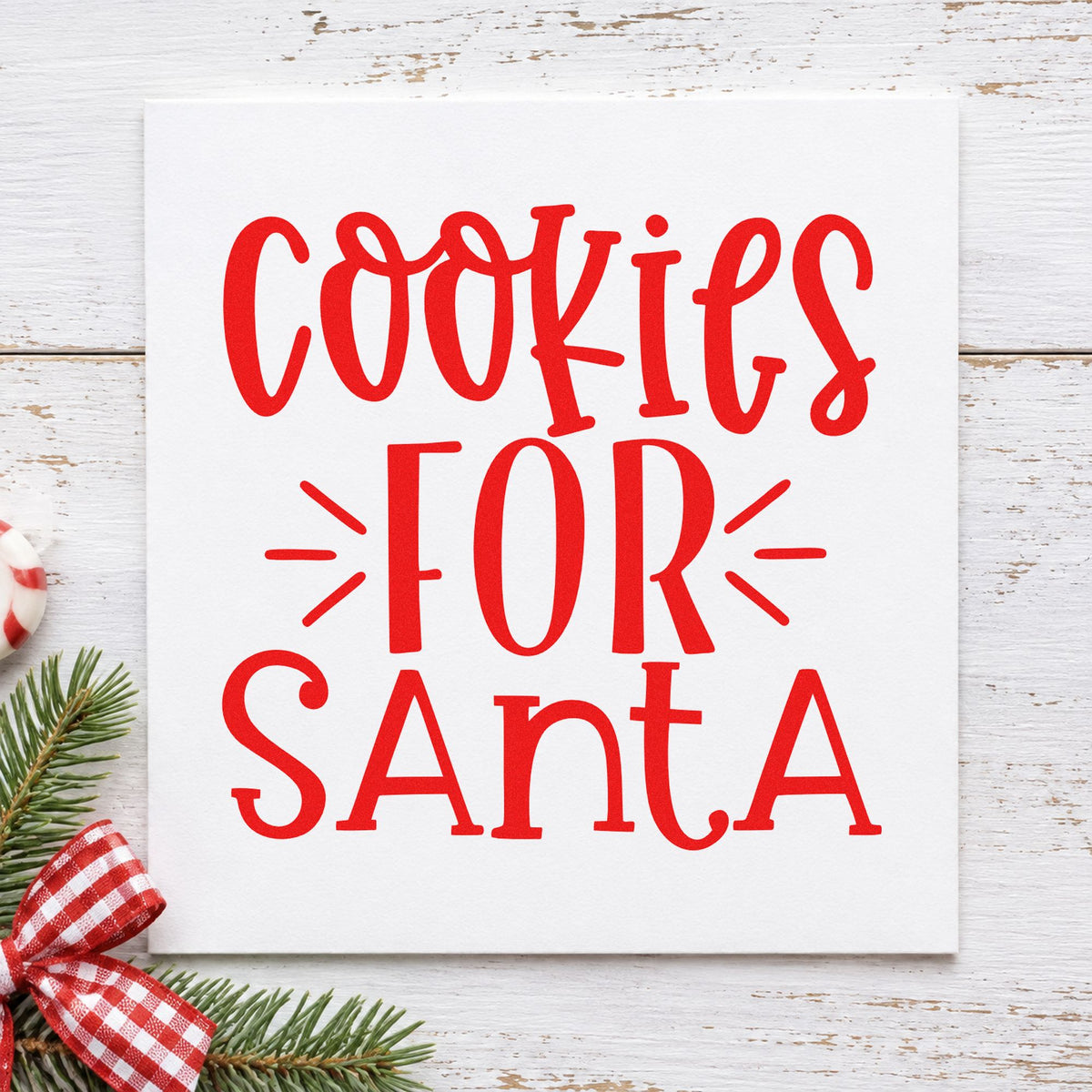 Cookies For Santa Lettering craft stamp in red ink on cardstock, an easy option for cushion stack printing.