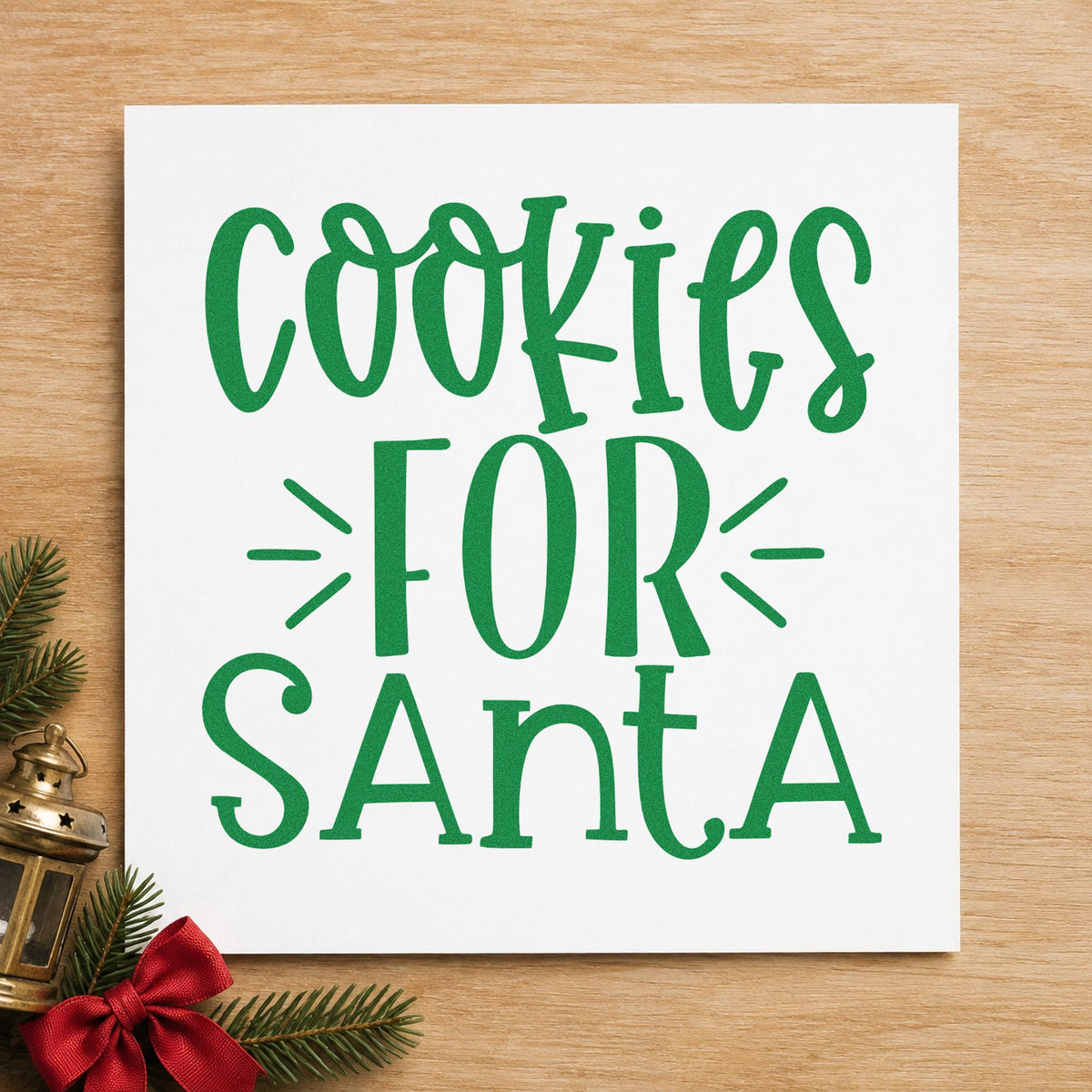 Cookies For Santa Lettering craft stamp imprint in green ink on a handmade project, one idea being buffet sign cards.