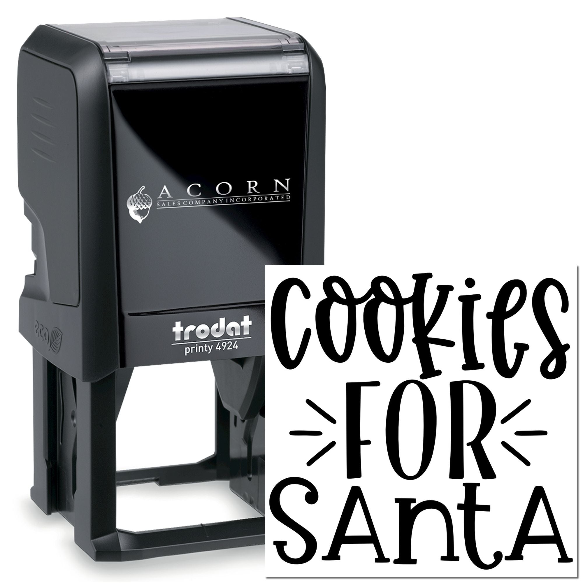 Custom self-inking rubber stamp for cookies, featuring Cookies for Santa holiday text on a Trodat Printy 4924 stamp.