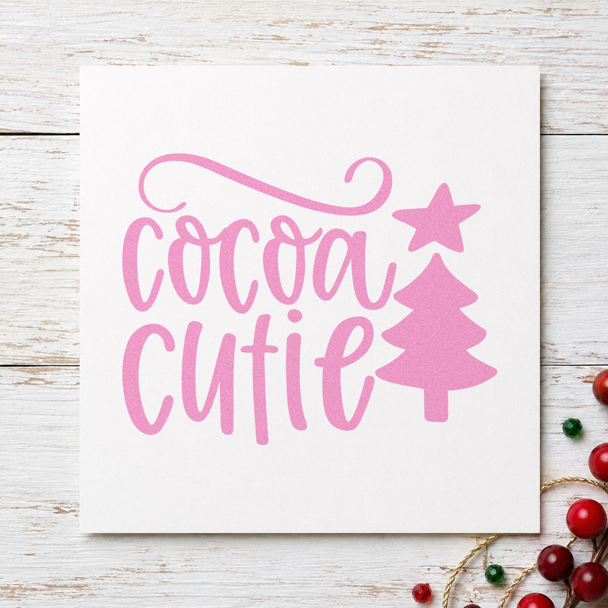 Cocoa Cutie Christmas Tree craft stamp in purple ink on cardstock, an easy option for toddler album page.