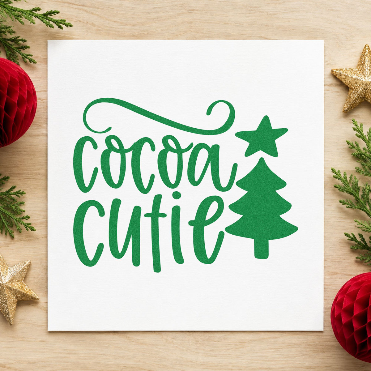 Cocoa Cutie Christmas Tree craft stamp imprinted in green ink on paper, a design suited to framed high chair wall.