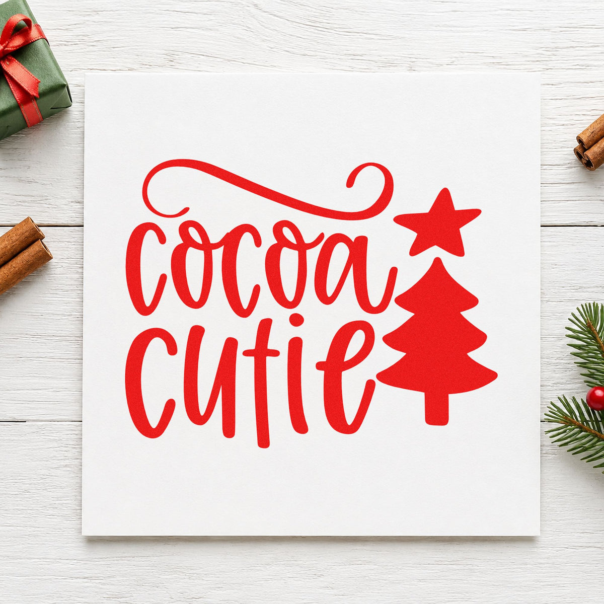 Cocoa Cutie Christmas Tree rubber stamp shown in red ink, stamped for projects such as snack cup labels.