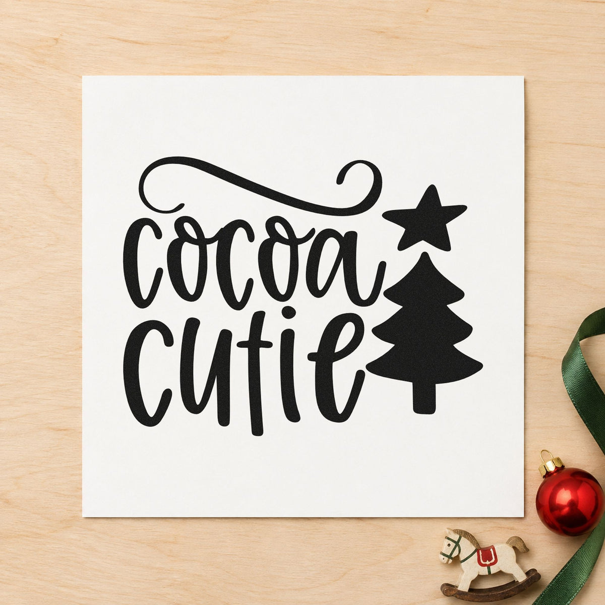Cocoa Cutie Christmas Tree rubber stamp printed in black ink, ready for cocoa cutie cards and similar paper crafts.