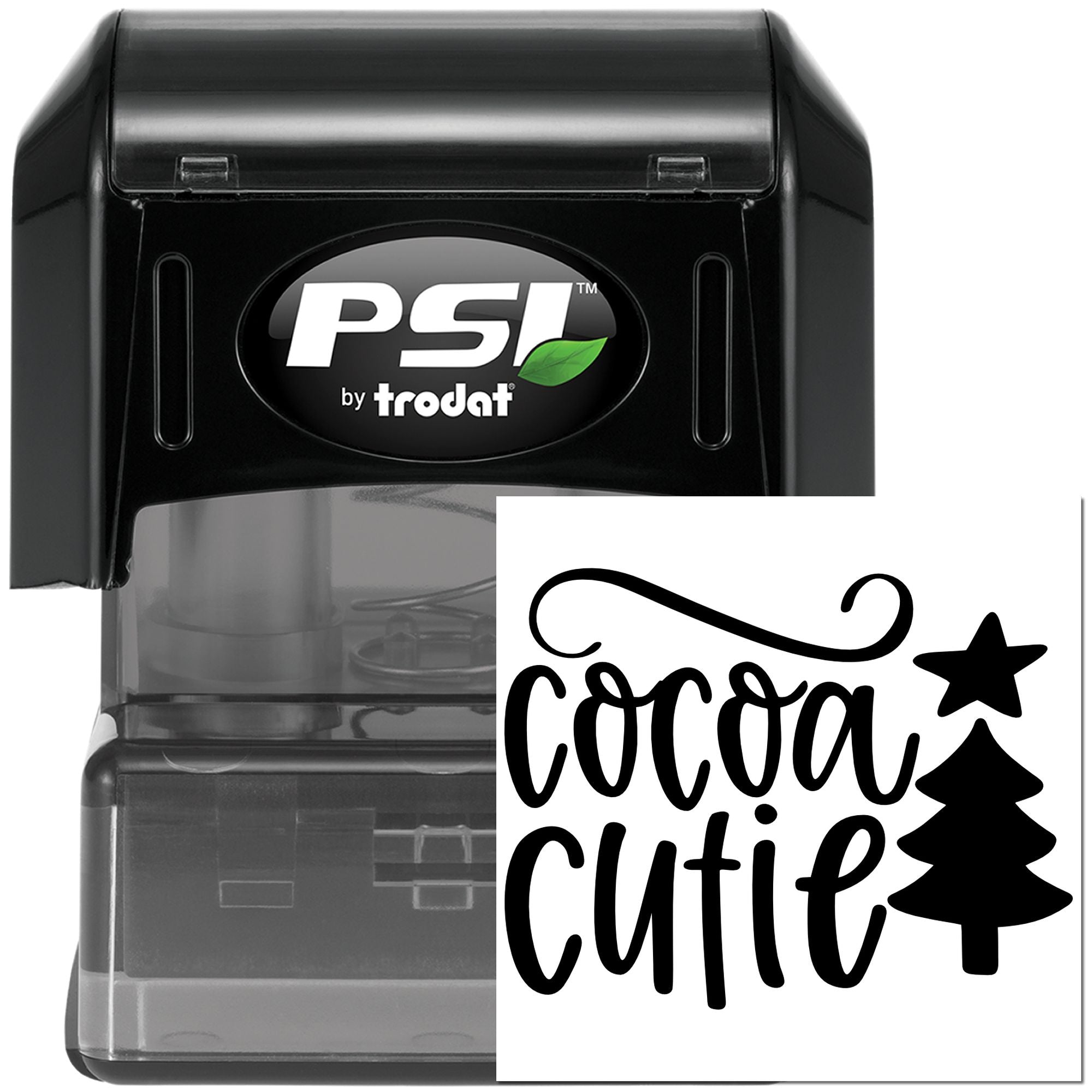Personalized self-inking rubber stamp with Cocoa Cutie tree design, perfect for holiday packaging, crafts, and branding.