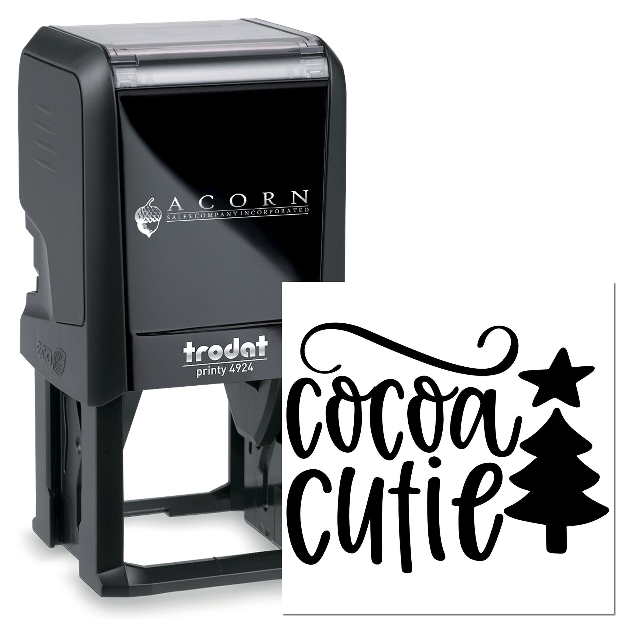 Custom self-inking rubber stamp with Cocoa Cutie design, perfect for branded packaging and holiday labels.