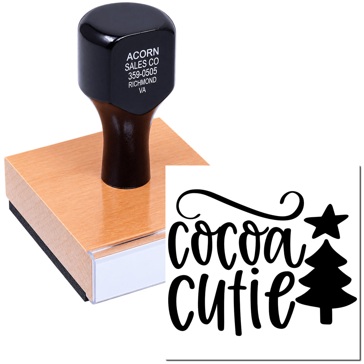 Custom rubber stamp with Cocoa Cutie logo design for branded craft packaging and handmade product labeling.