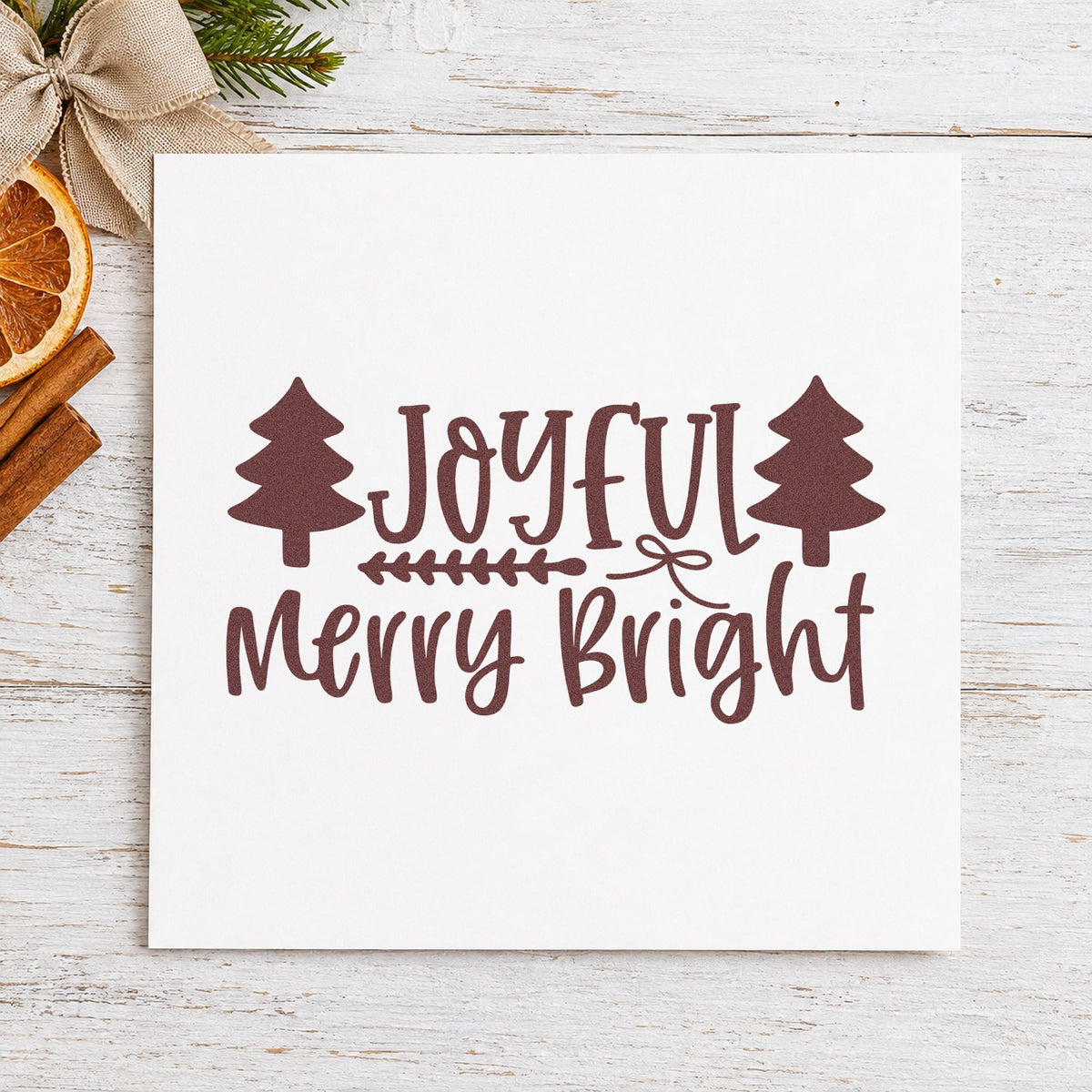 Joyful Merry Bright Trees rubber stamp printed in brown ink, ready for three goal sheet and similar paper crafts.