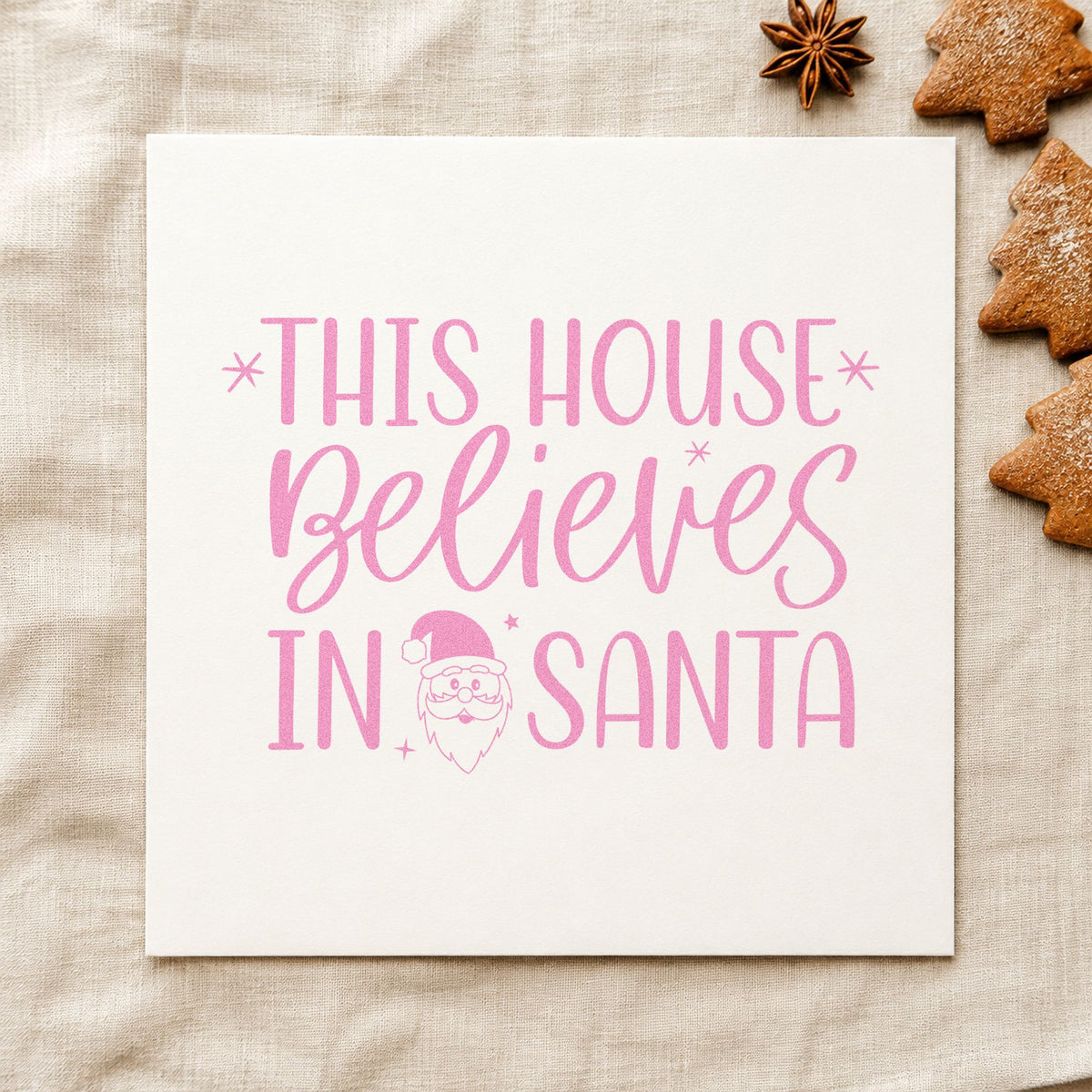 This House Believes In Santa craft stamp in purple ink on cardstock, an easy option for yard sign album.