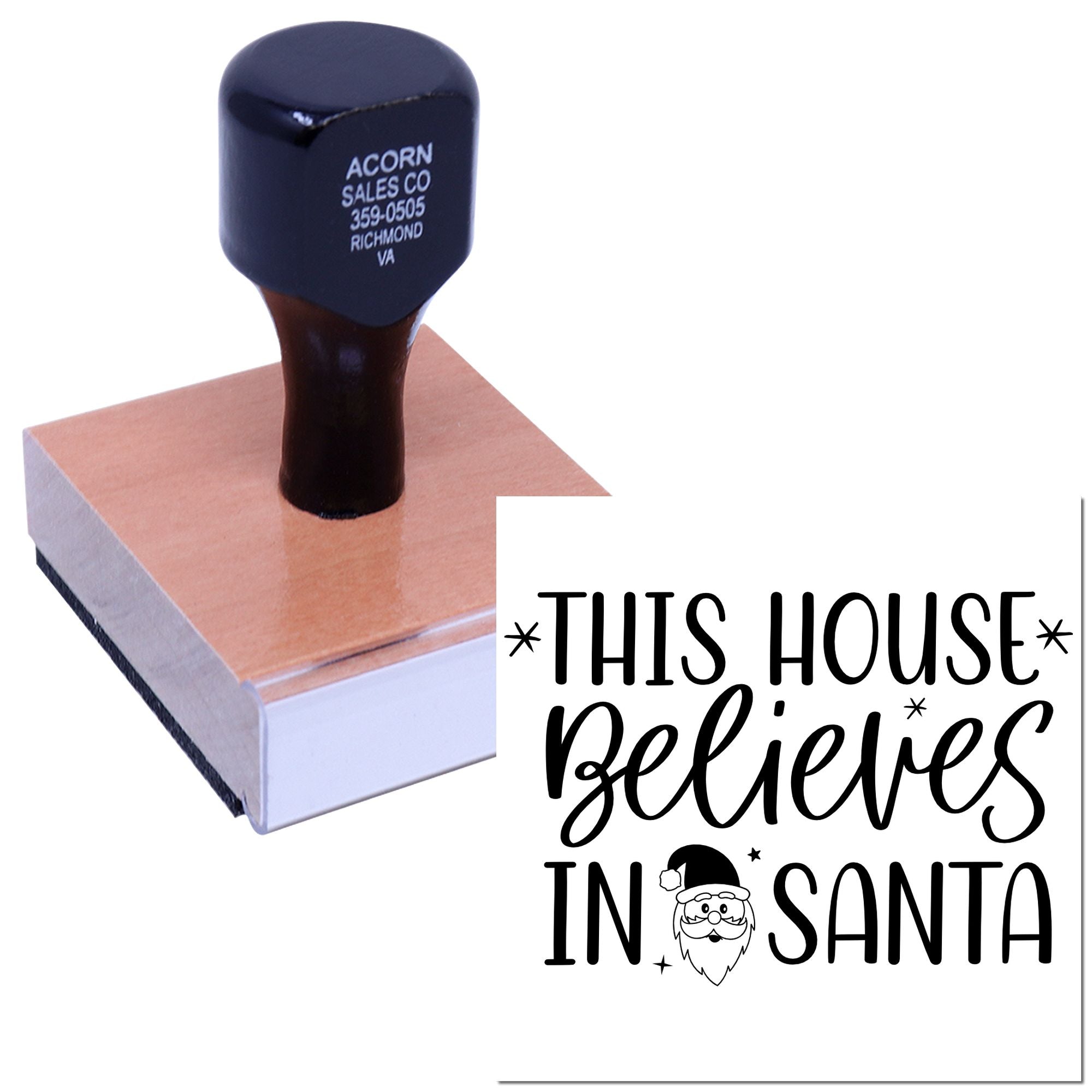 Custom Christmas rubber stamp reading This House Believes in Santa for holiday cards, crafts, and seasonal stationery.