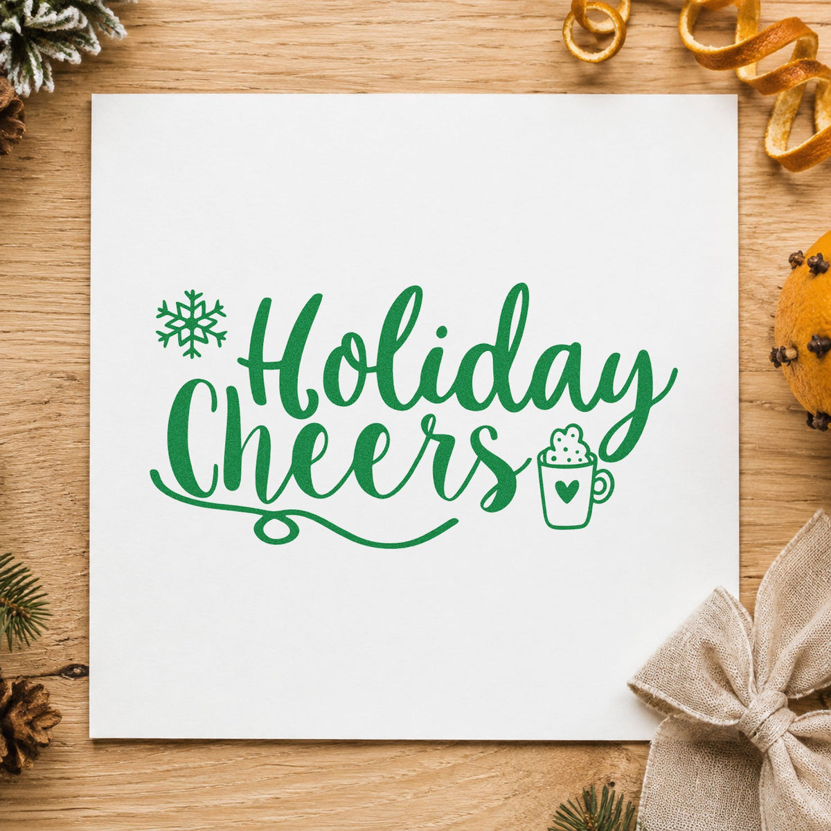 Holiday Cheers Cocoa Mug craft stamp imprinted in green ink on paper, a design suited to framed drink station.