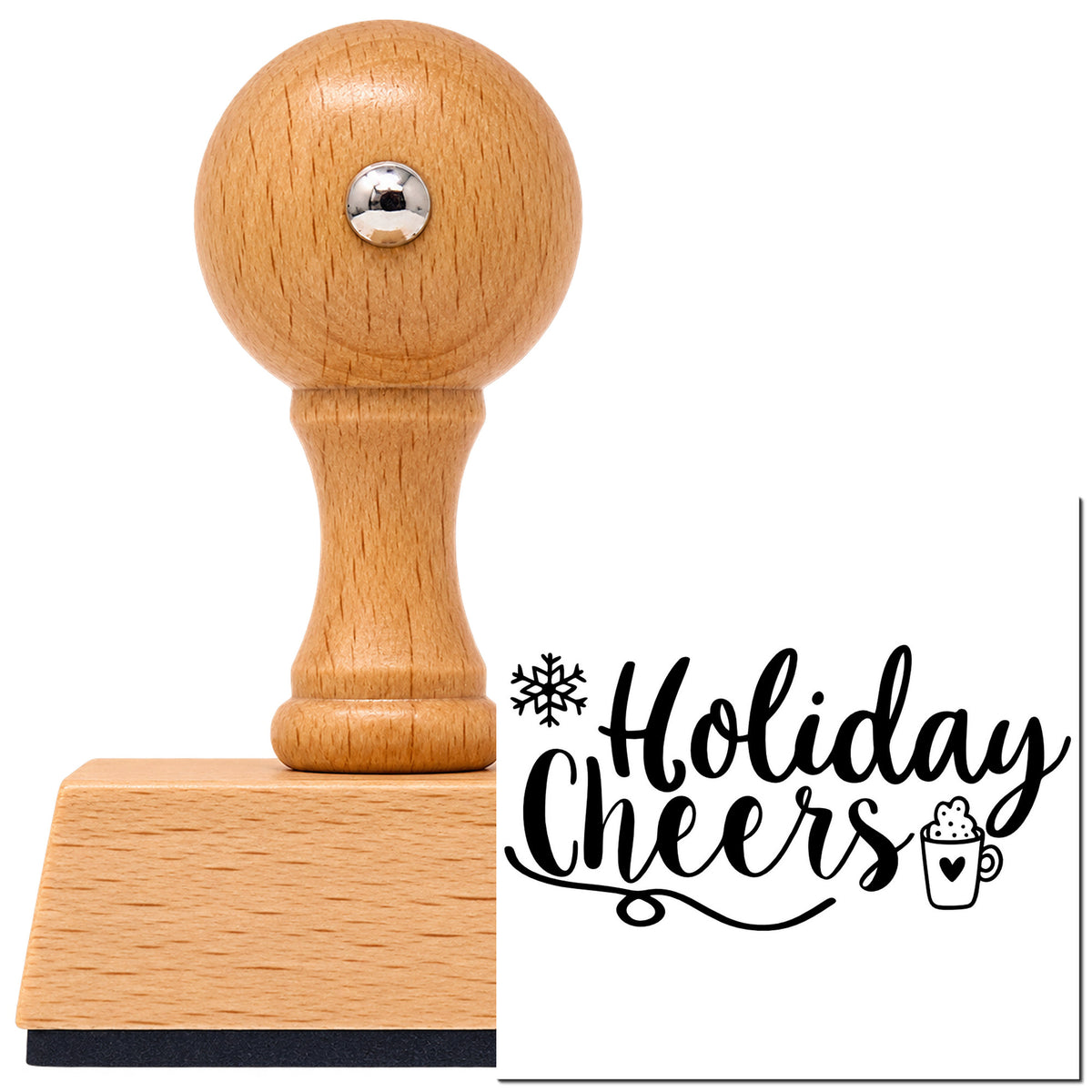 Holiday Cheers Cocoa Mug Vintage Pro rubber stamp in European beech wood with a round knob handle, shown beside its black imprint.