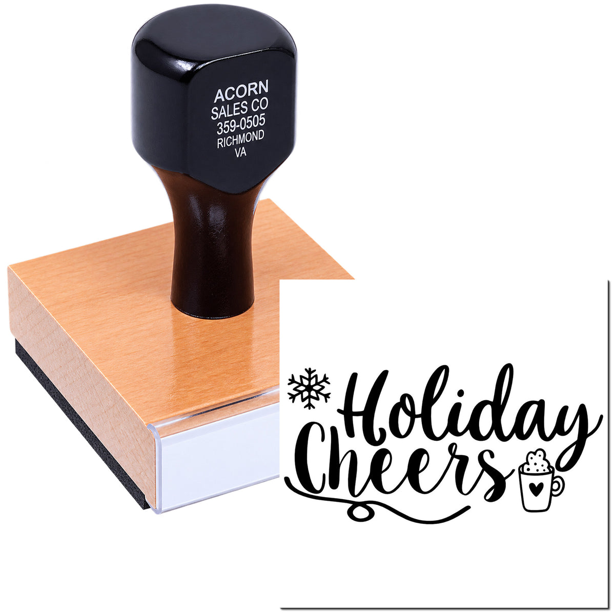 Custom Holiday Cheers rubber stamp with snowflake and mug design for festive cards, crafts, and gift packaging.