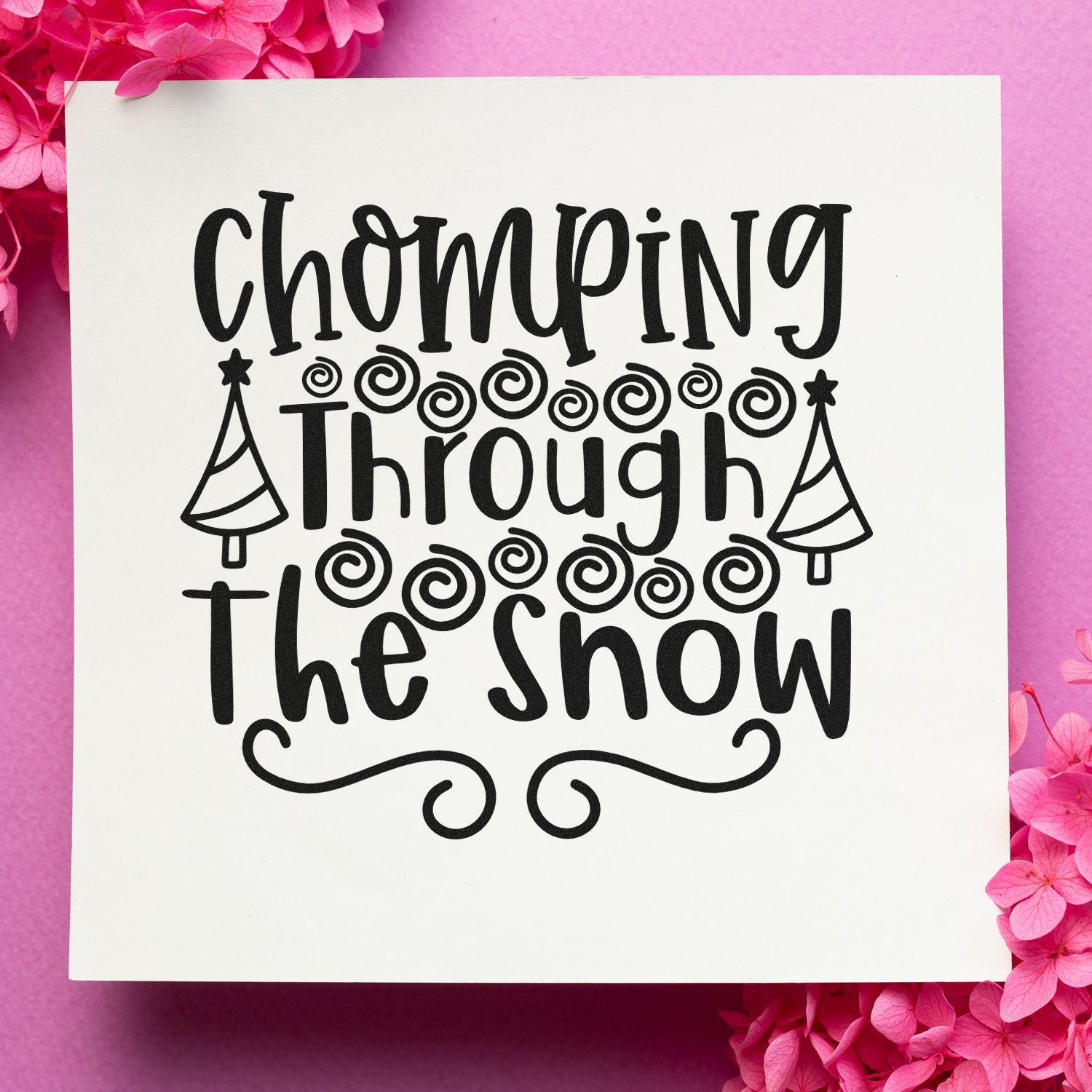 Chomping Through the Show rubber stamp design with playful swirls and party hats for creative event and craft projects.