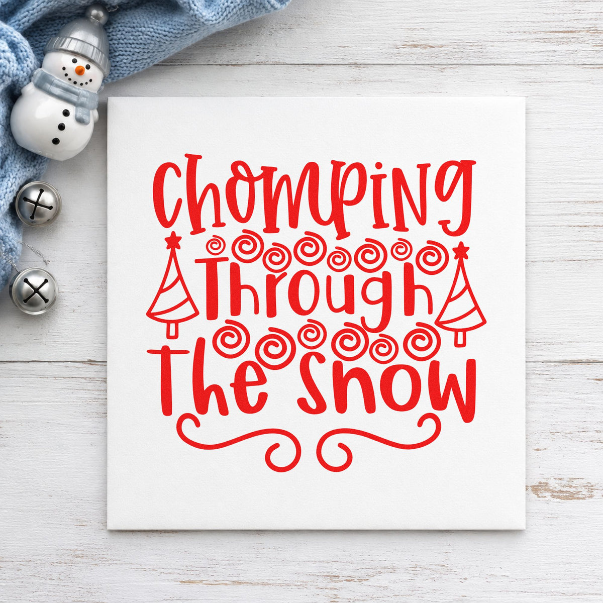 Chomping Through The Snow craft stamp in red ink on cardstock, an easy option for cloth sack printing.