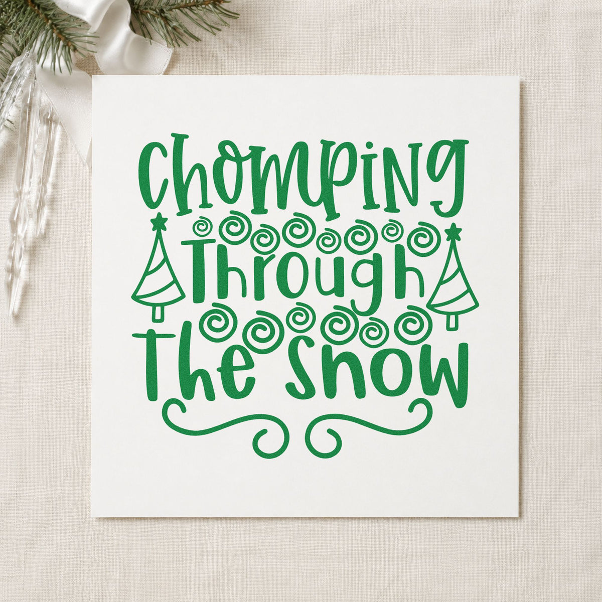 Chomping Through The Snow craft stamp imprinted in green ink on paper, a design suited to framed pantry shelf.