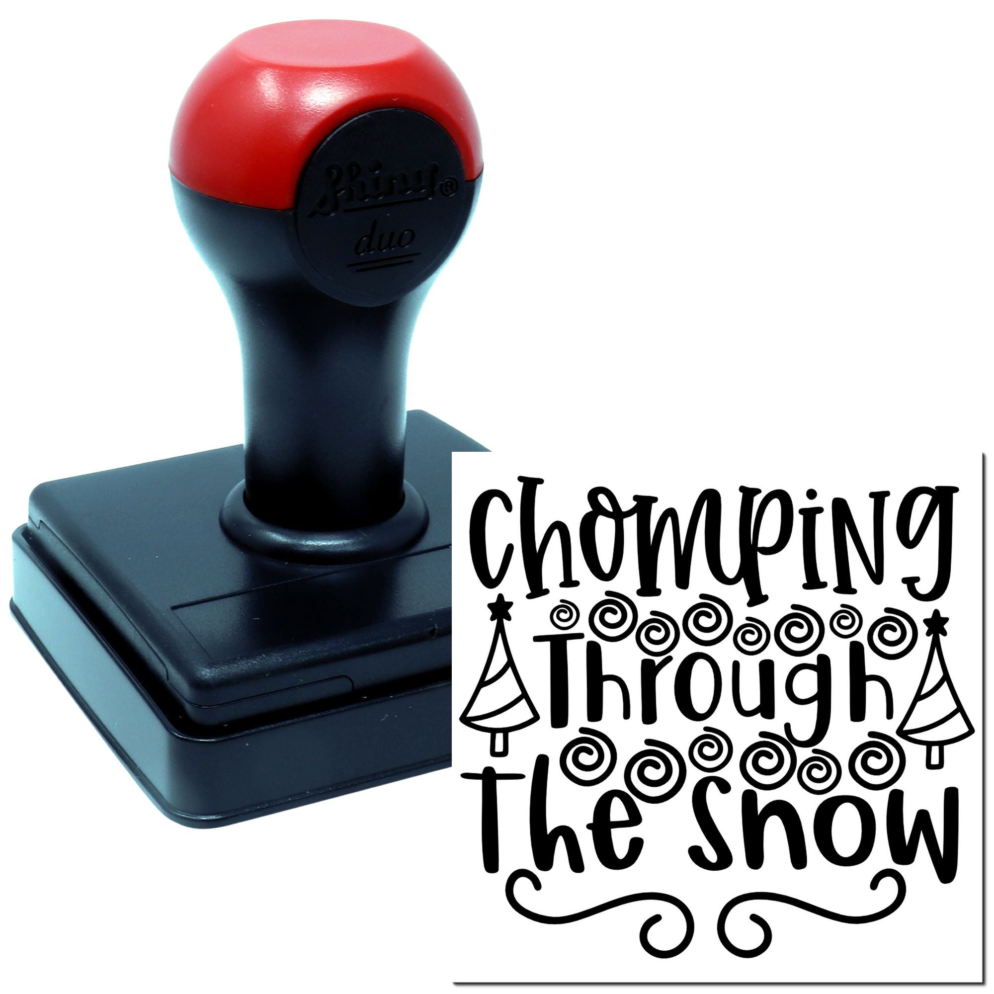 Custom self-inking rubber stamp with "Chomping Through the Show" design for craft projects, event branding, and paper goods.