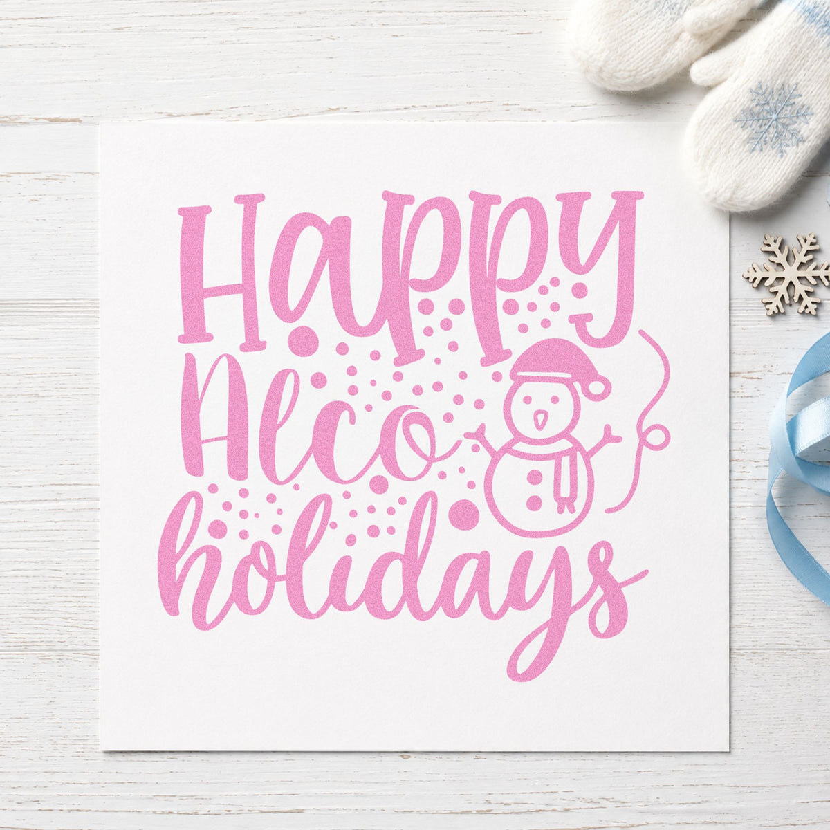 Happy Alco Holidays Snowman craft stamp in purple ink on cardstock, an easy option for party night album.
