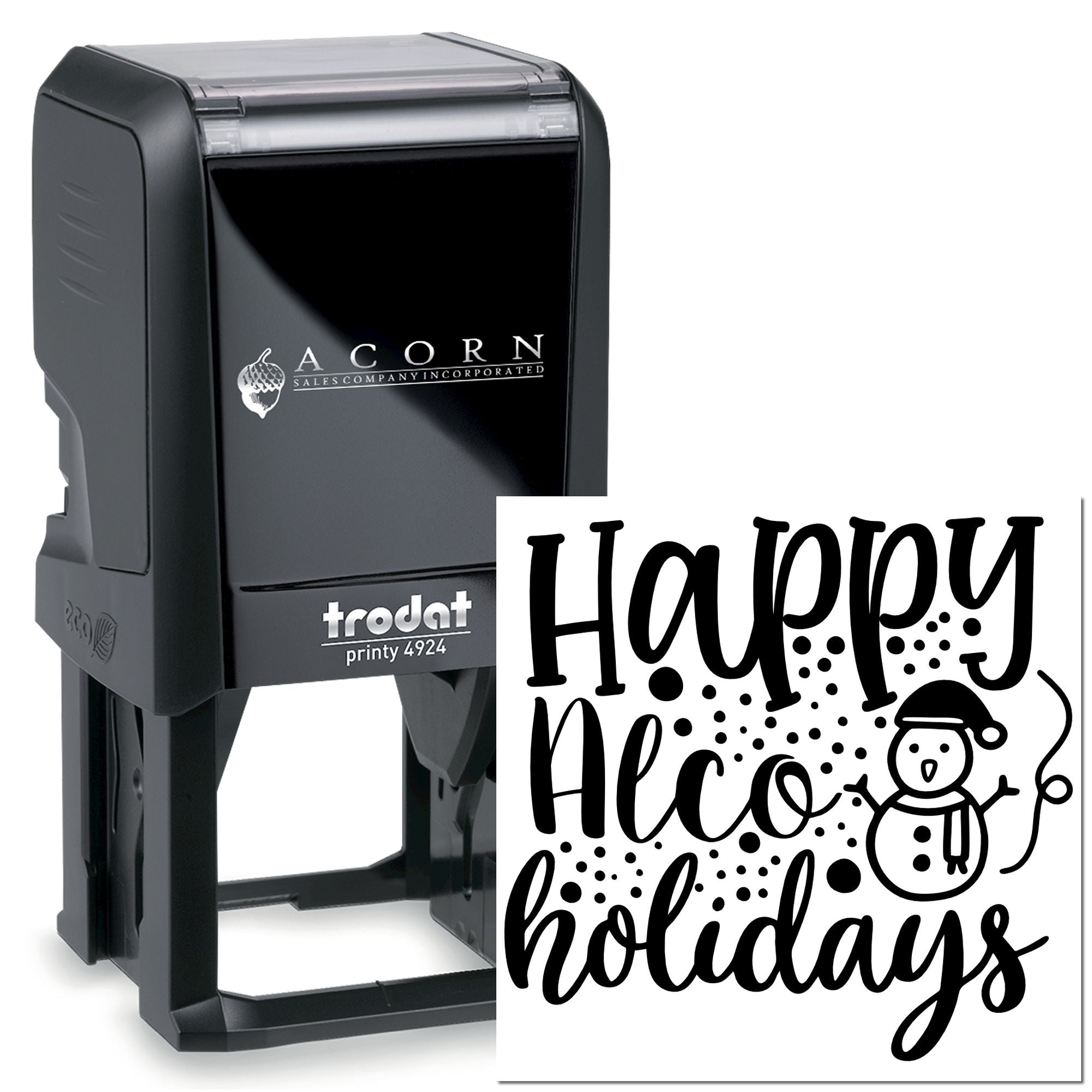 Trodat self-inking rubber stamp with custom Happy Holidays design for seasonal cards, packaging, and business branding.