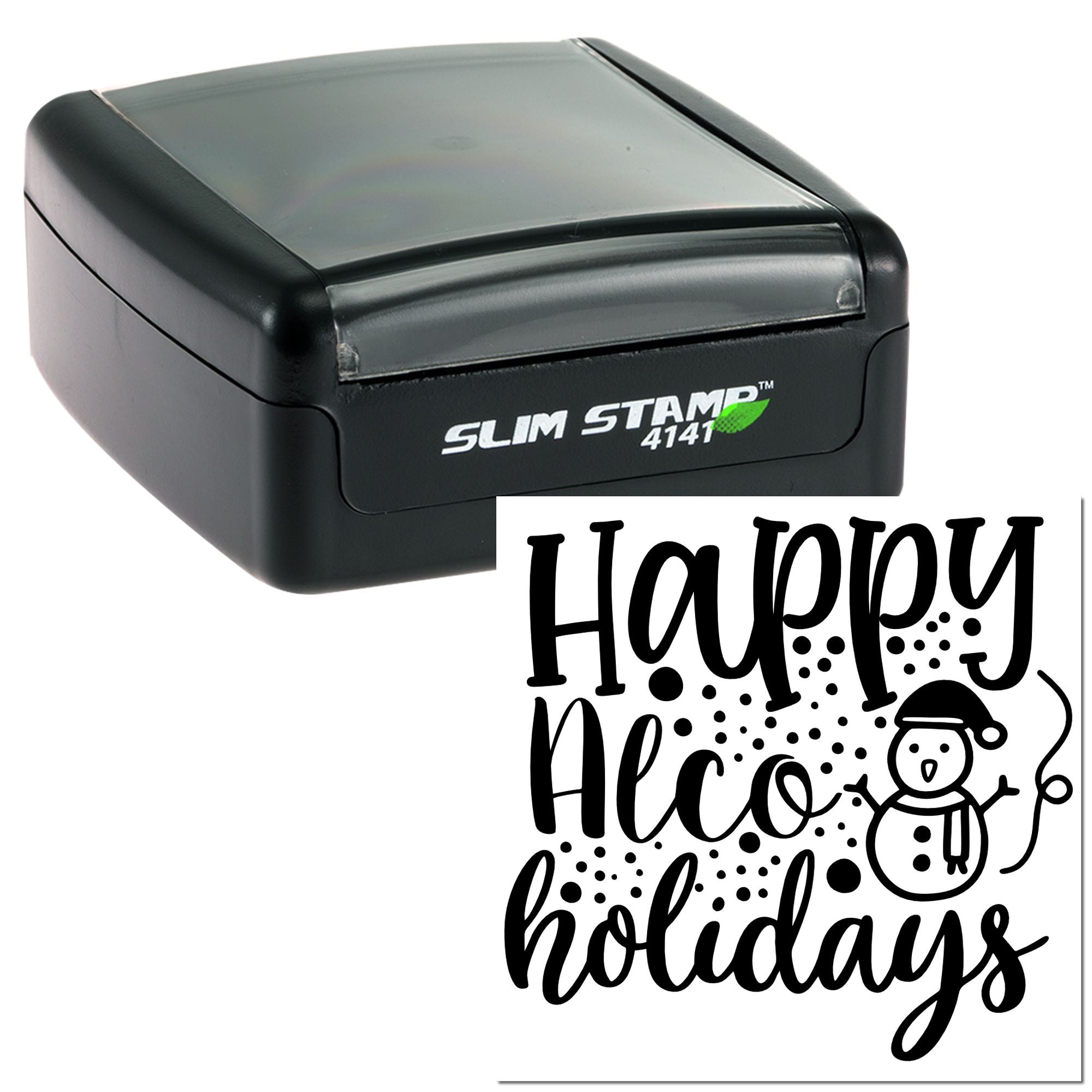 Custom self-inking rubber stamp with Happy Holidays snowman design for festive cards, crafts, and holiday mailings.