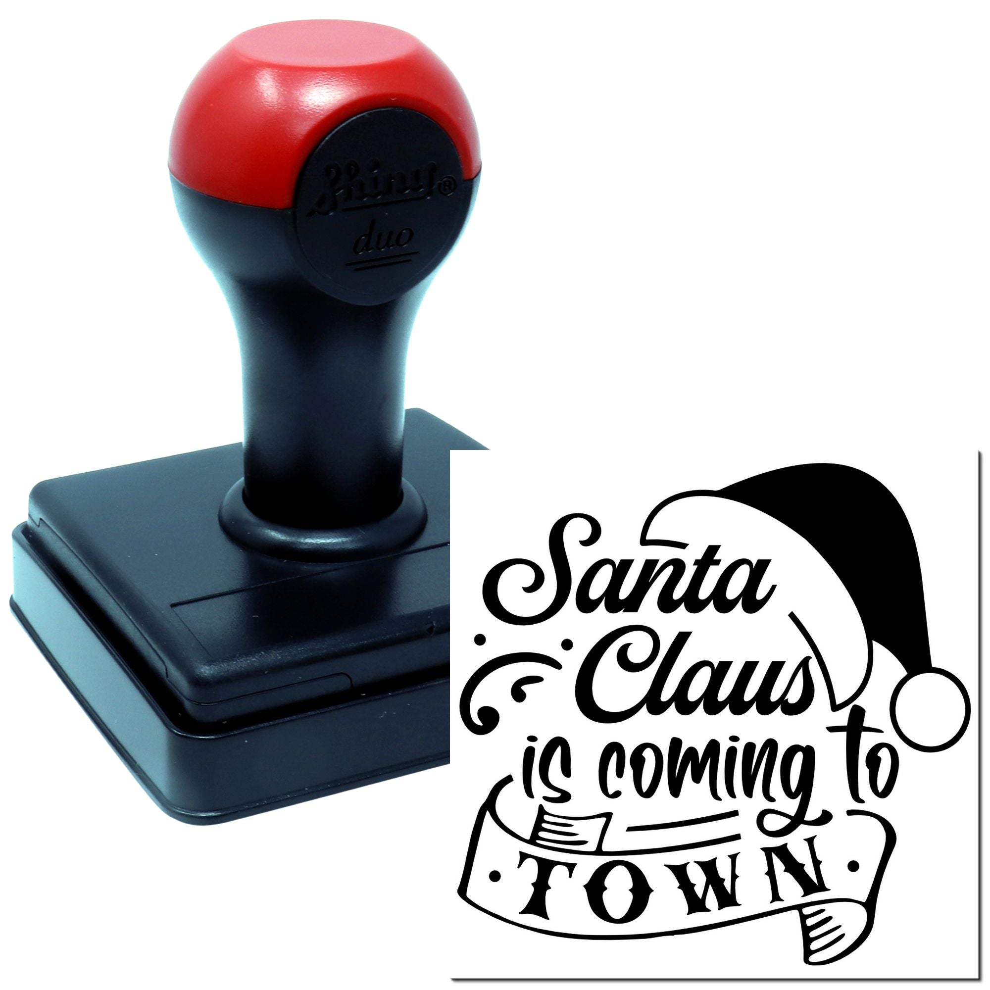 Self-inking rubber stamp with Santa Claus is Coming to Town holiday design for festive cards, gifts and Christmas crafts.