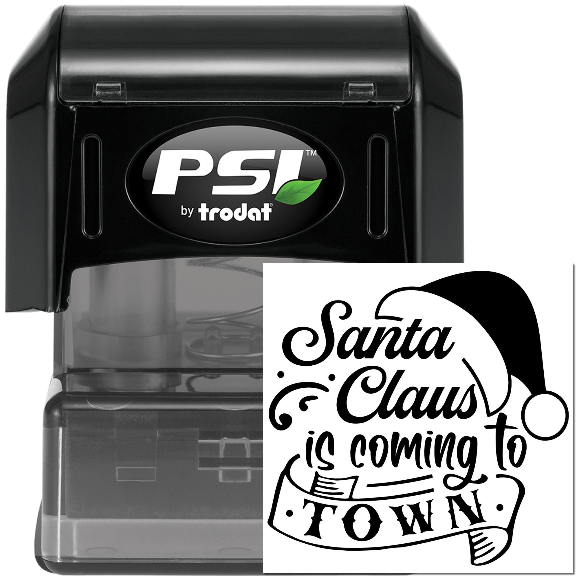 PSI by Trodat self-inking rubber stamp with Santa Claus Is Coming to Town holiday design preview
