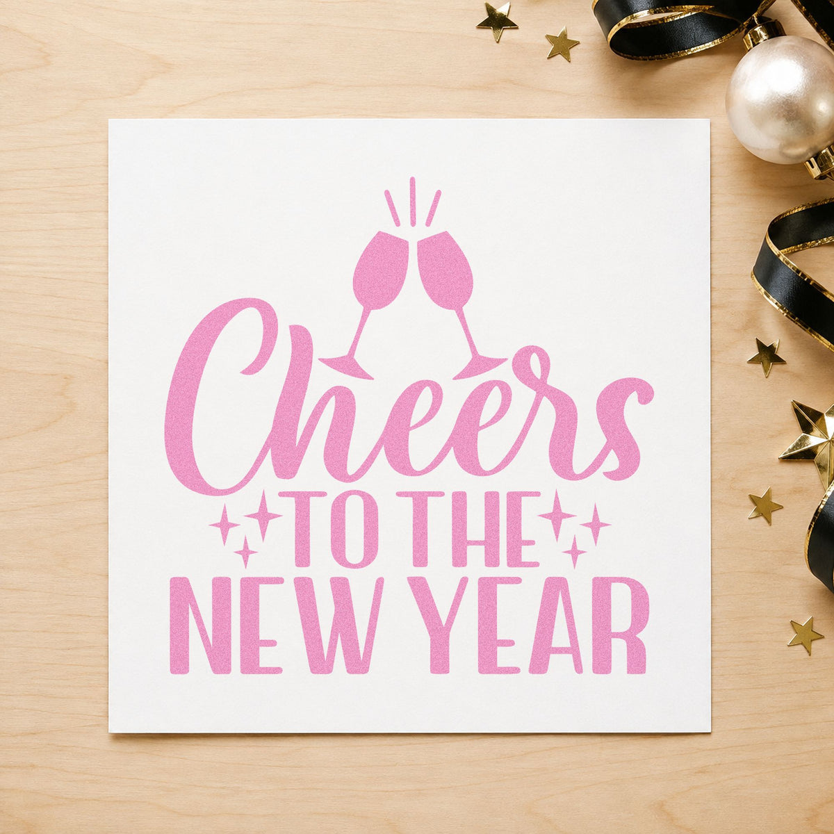 Cheers To The New Year craft stamp in purple ink on cardstock, an easy option for countdown album page.