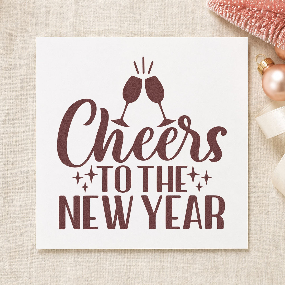 Cheers To The New Year rubber stamp printed in brown ink, ready for guest toast sheet and similar paper crafts.