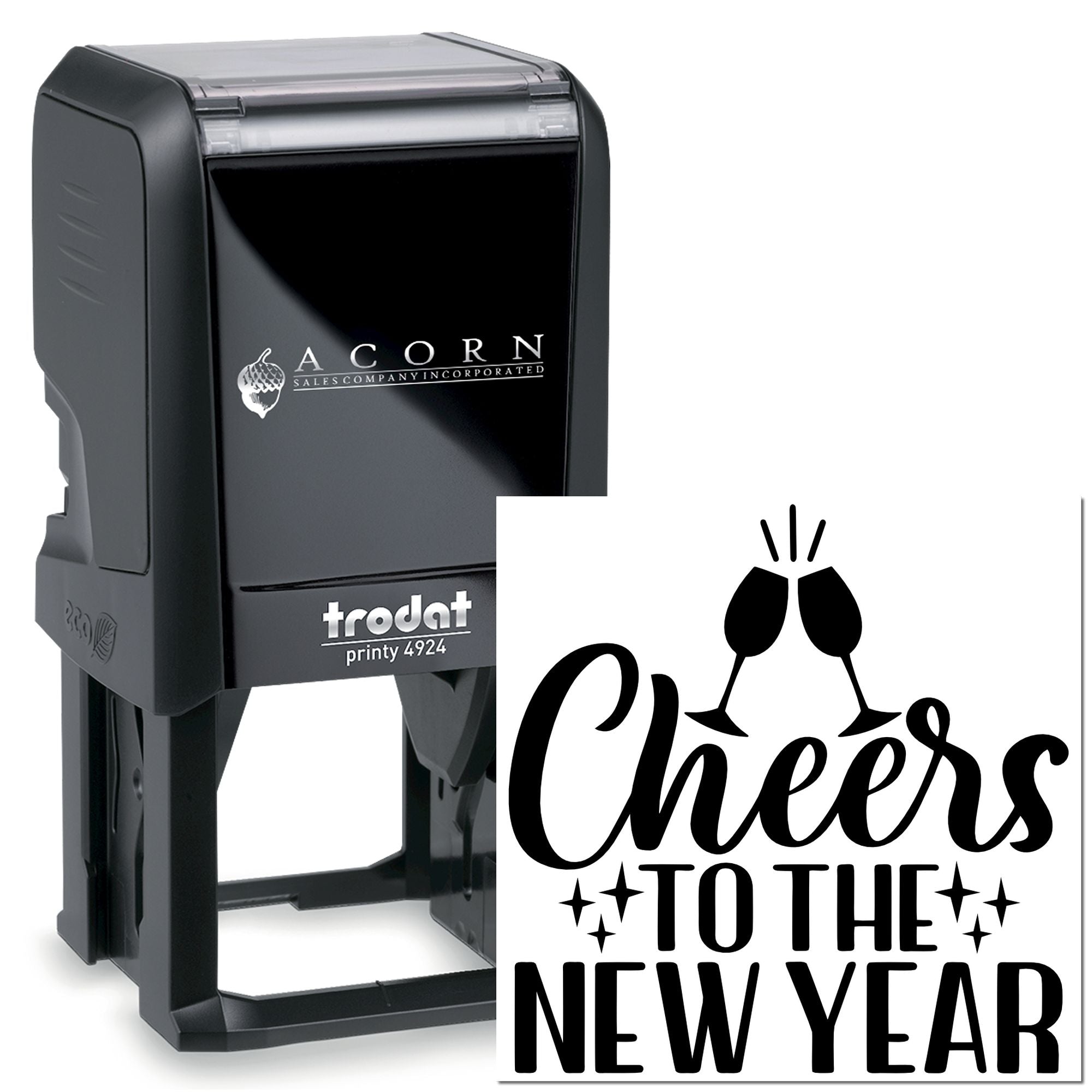 Trodat Printy 4924 self-inking rubber stamp with Cheers to the New Year design for custom holiday invitations and cards