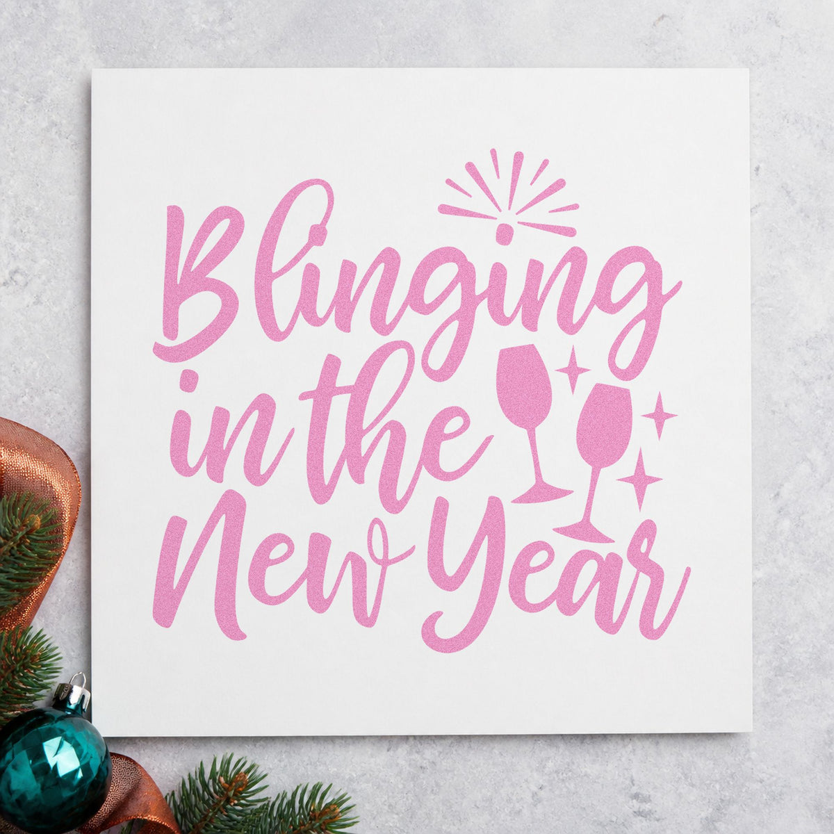 Blinging In The New Year craft stamp in purple ink on cardstock, an easy option for jewelry album page.