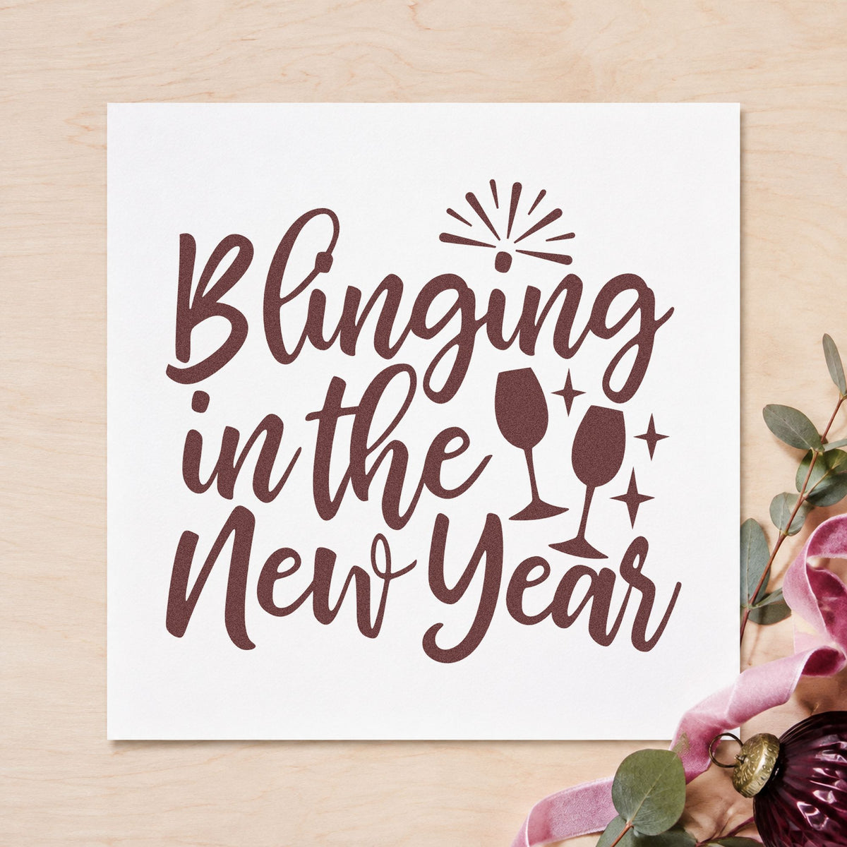 Blinging In The New Year rubber stamp printed in brown ink, ready for outfit plan sheet and similar paper crafts.