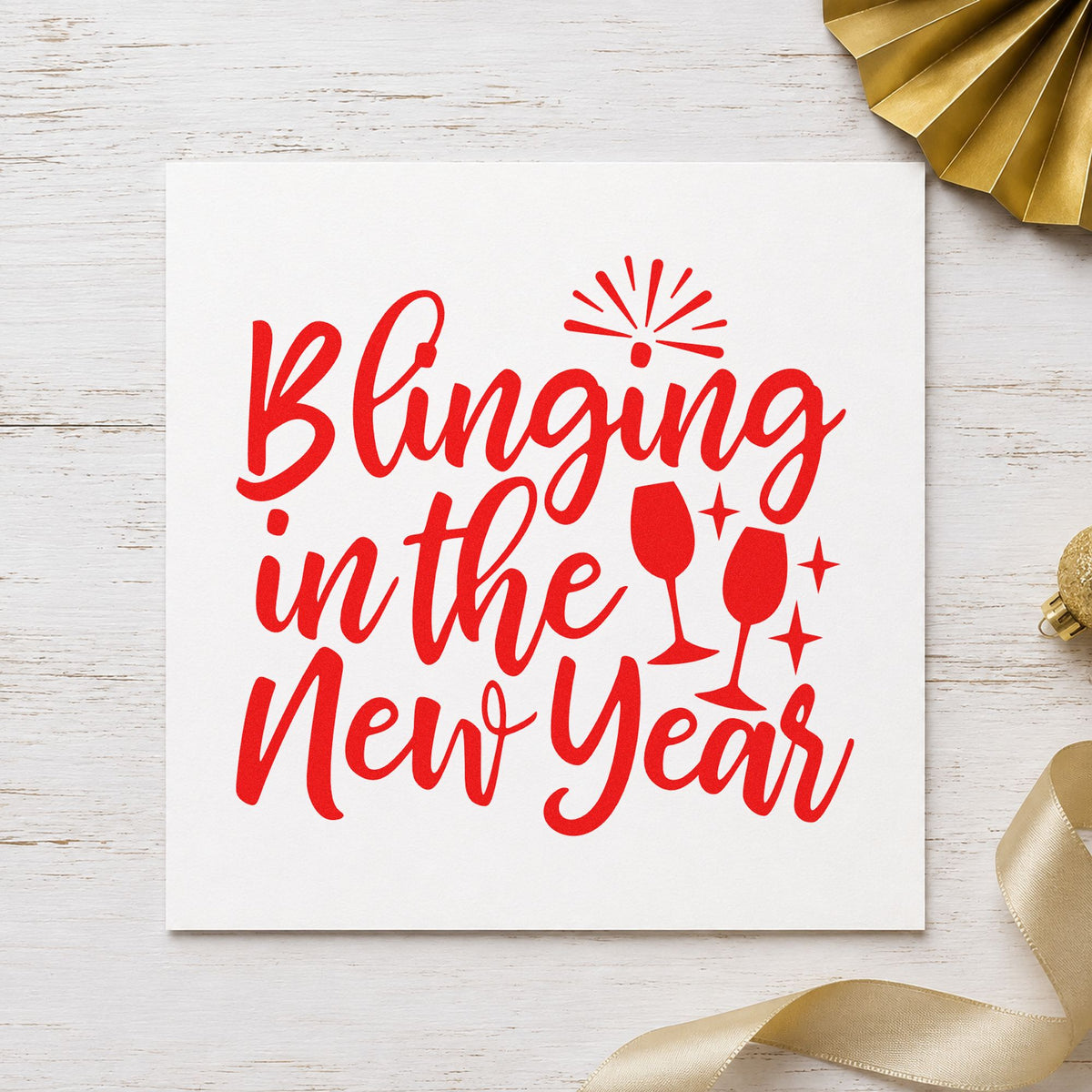 Blinging In The New Year craft stamp in red ink on cardstock, an easy option for sequin clutch printing.