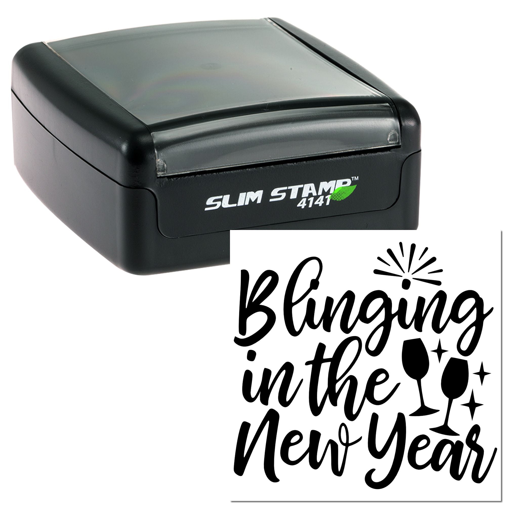 Custom self-inking rubber stamp with Blinging in the New Year design for New Year party favors and crafts