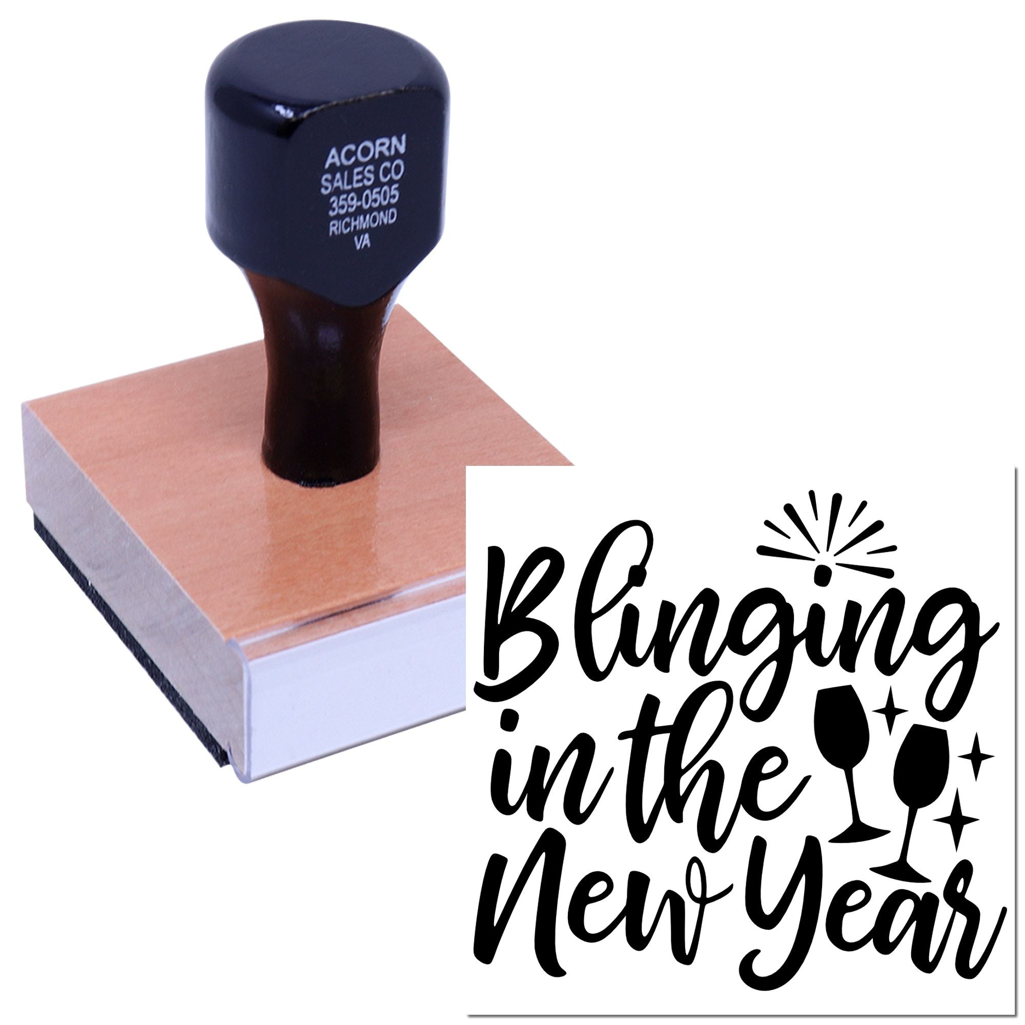 Custom rubber stamp with Blinging into the New Year design for New Year party invitations, cards, and holiday crafts.