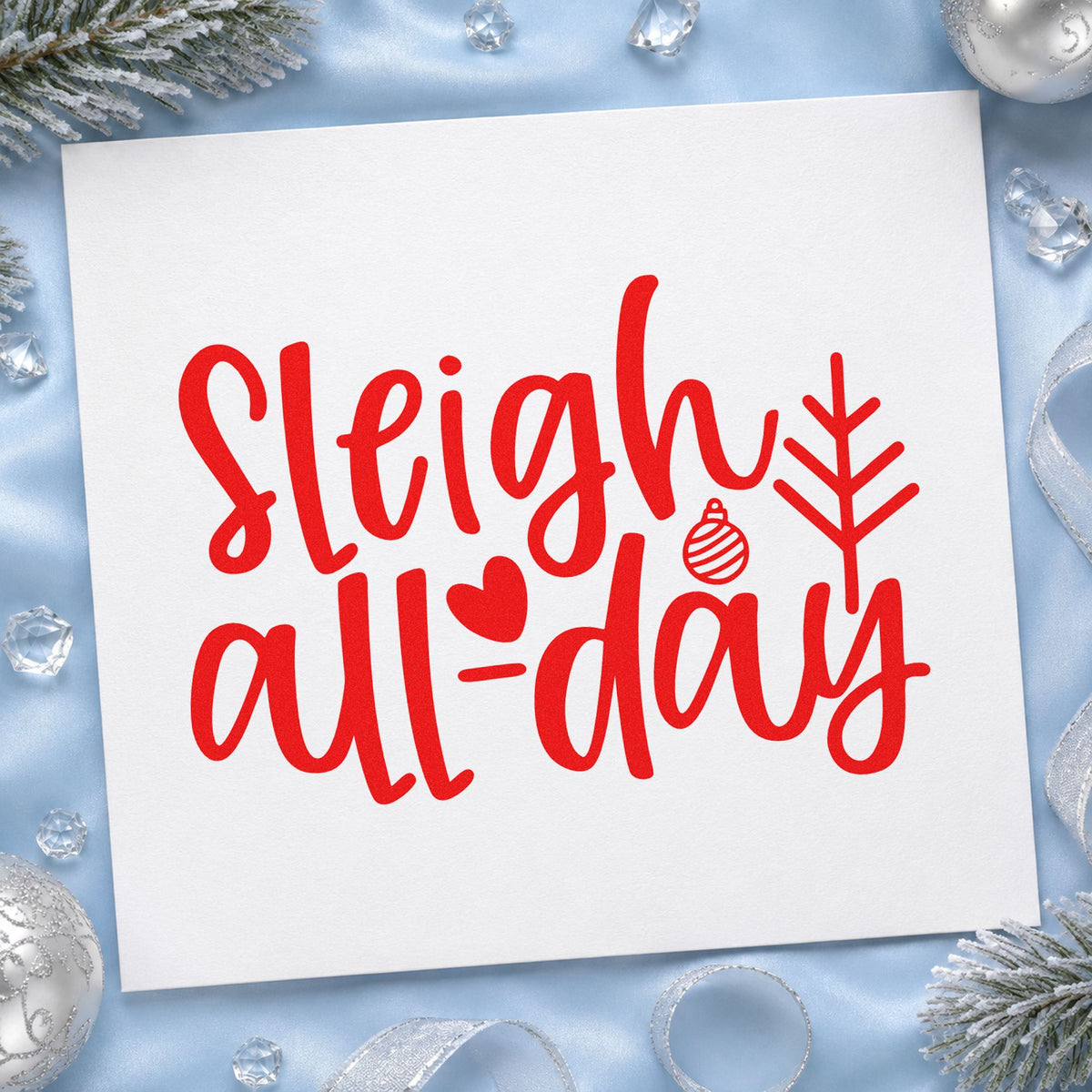 Sleigh All Day Arrow rubber stamp shown in red ink, stamped for projects such as order bin labels.