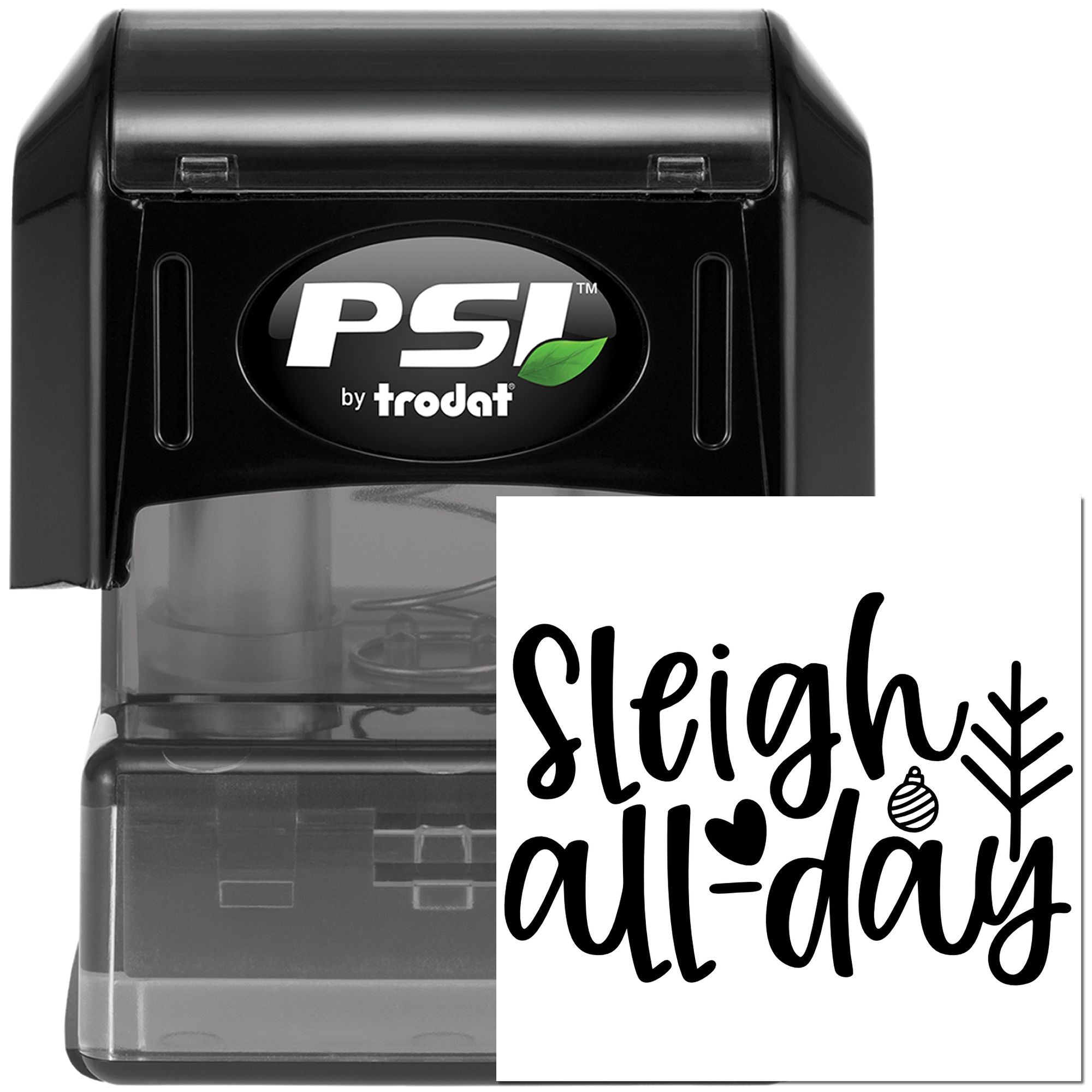Custom self-inking rubber stamp by PSI Trodat featuring Sleigh all-day design for Christmas cards, gifts, and holiday crafts.