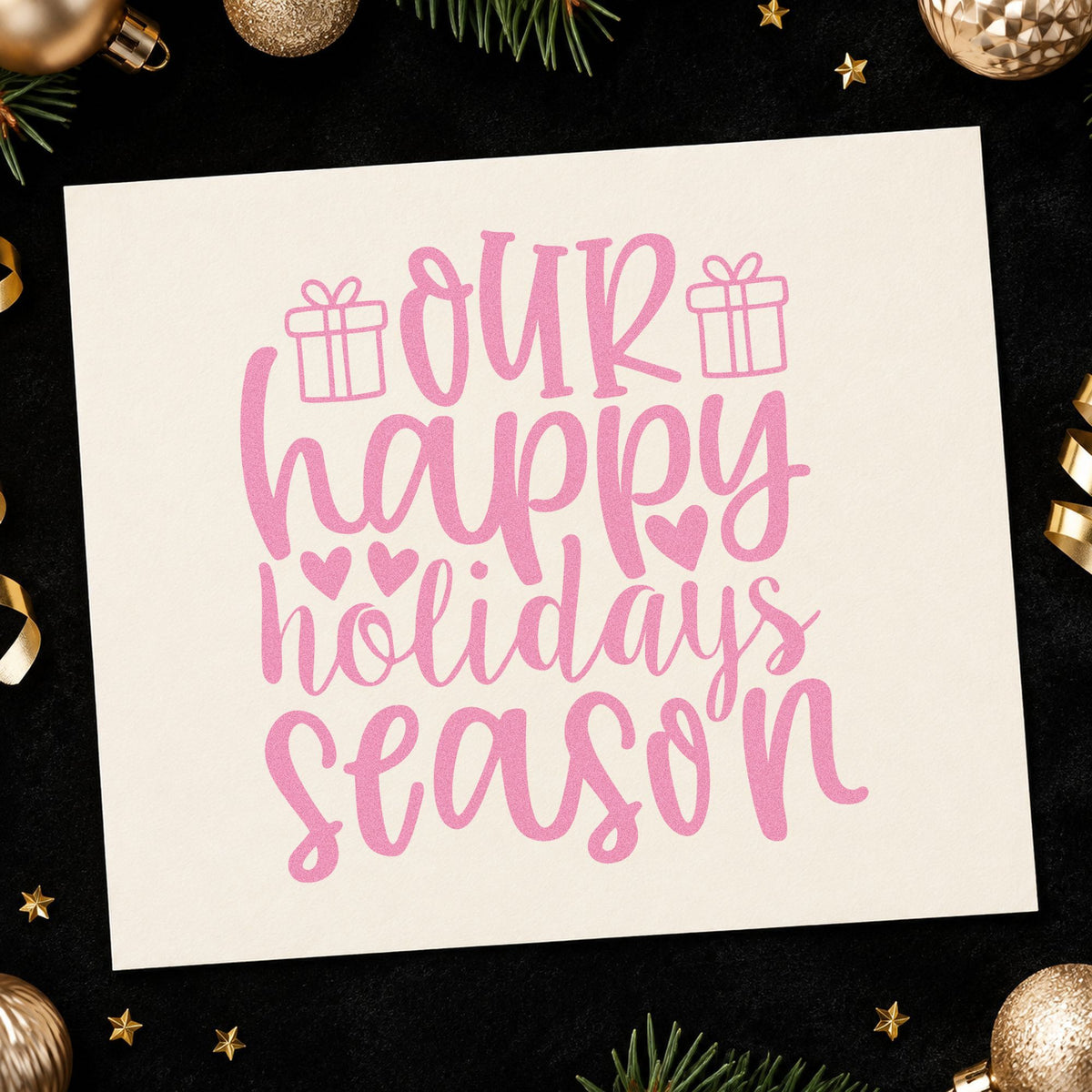 Our Happy Holidays Season craft stamp in purple ink on cardstock, an easy option for giving album page.