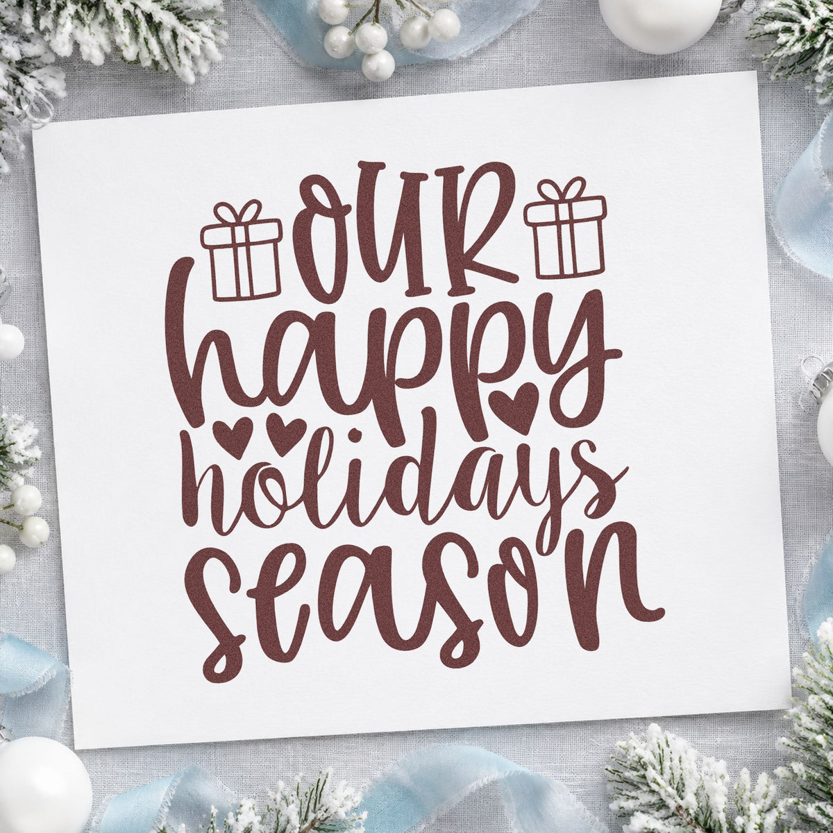 Our Happy Holidays Season rubber stamp printed in brown ink, ready for exchange list sheet and similar paper crafts.