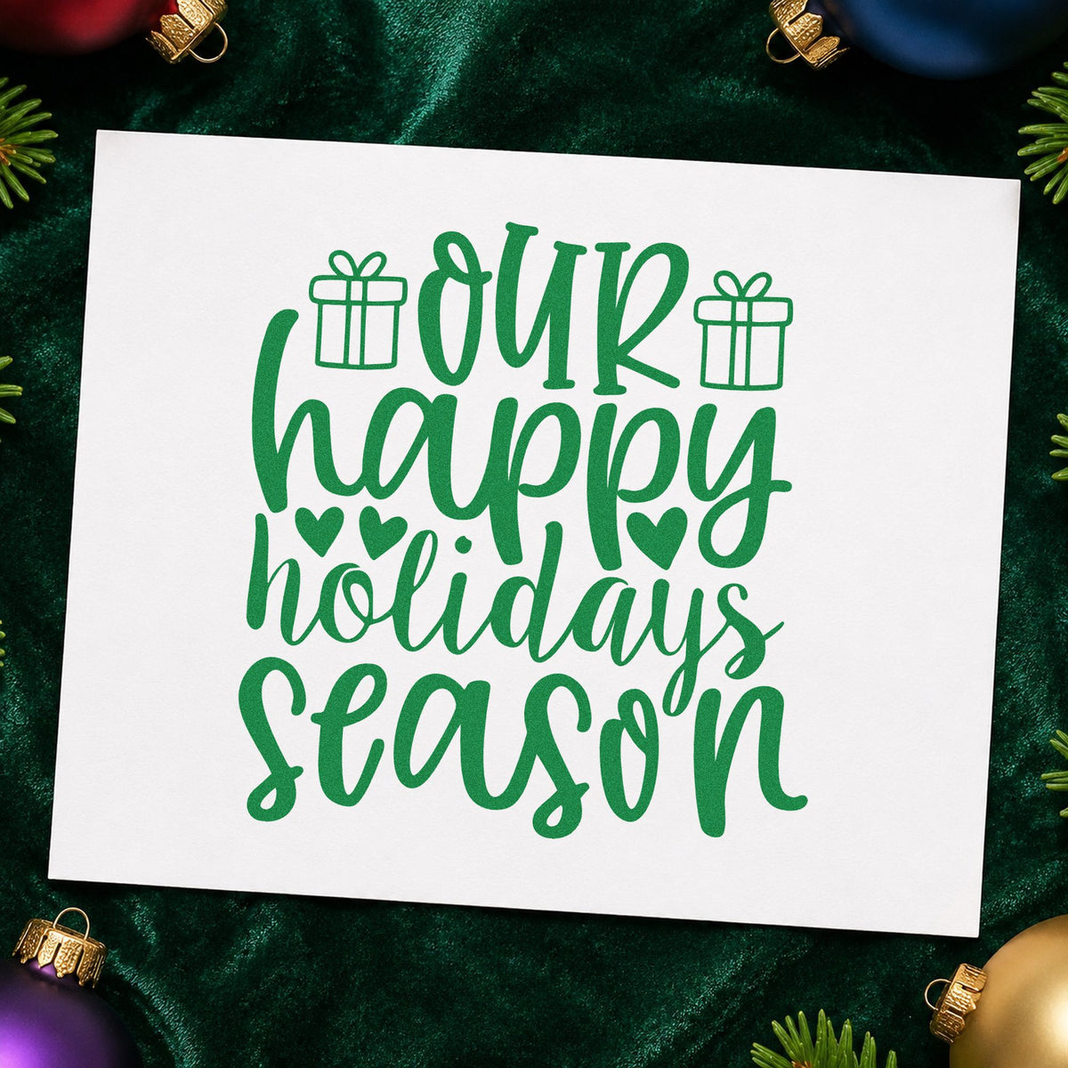 Our Happy Holidays Season craft stamp imprint in green ink on a handmade project, one idea being open house slips.