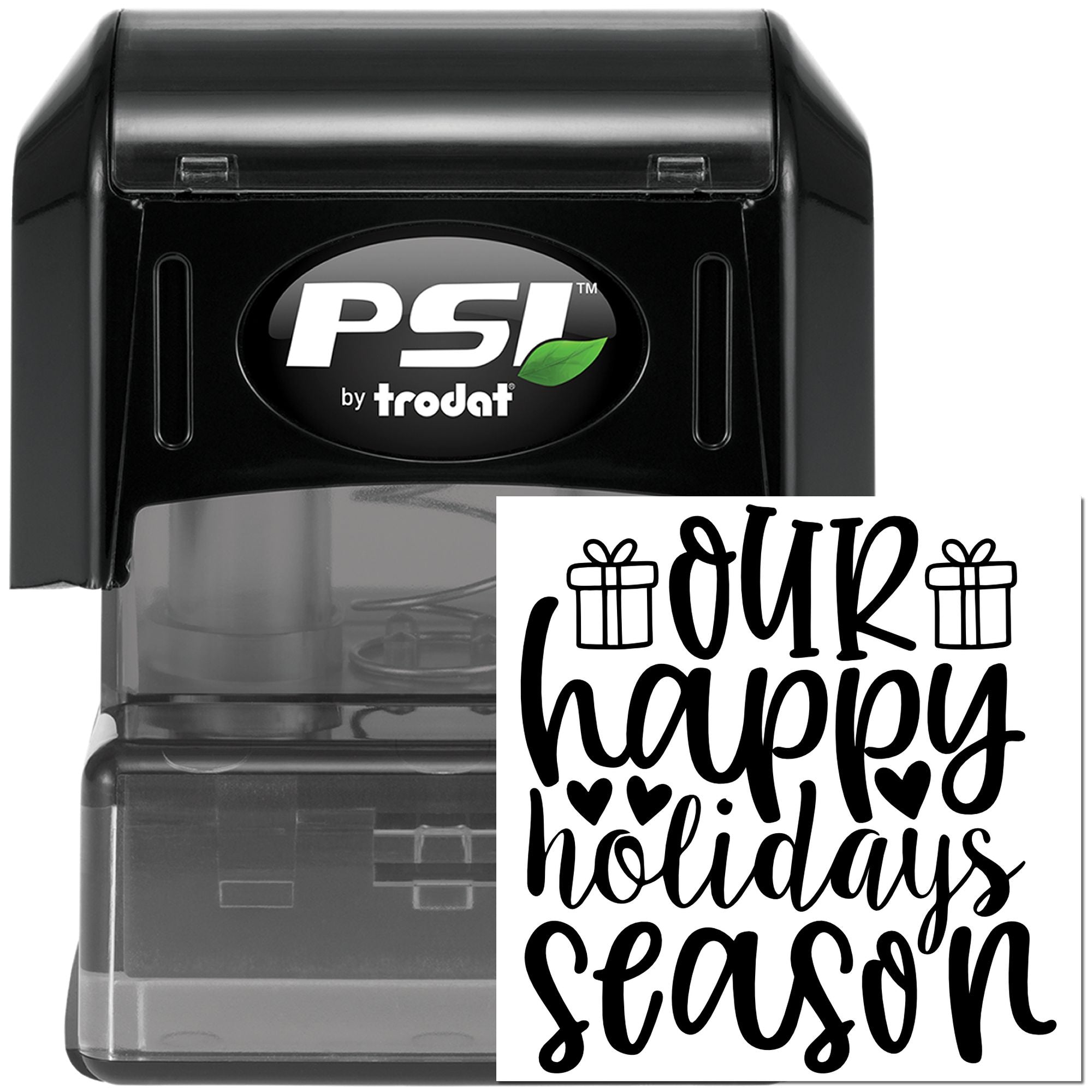 PSI by Trodat self-inking rubber stamp with our happy holidays season design for festive cards and gift packaging.