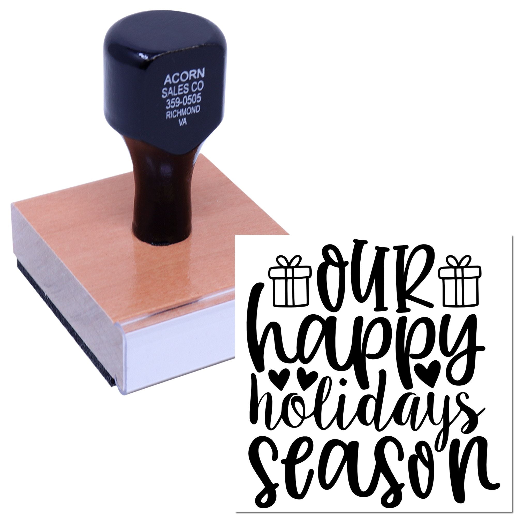 Custom rubber stamp with Our Happy Holidays Season design, ideal for festive cards, gifts, and holiday packaging.