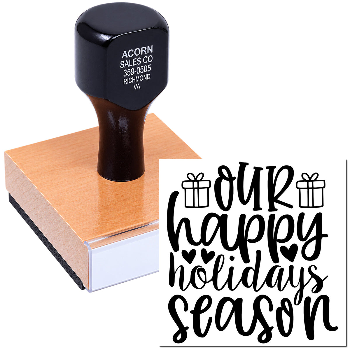 Custom rubber stamp with Our Happy Holidays Season design, ideal for festive cards, gifts, and holiday packaging.
