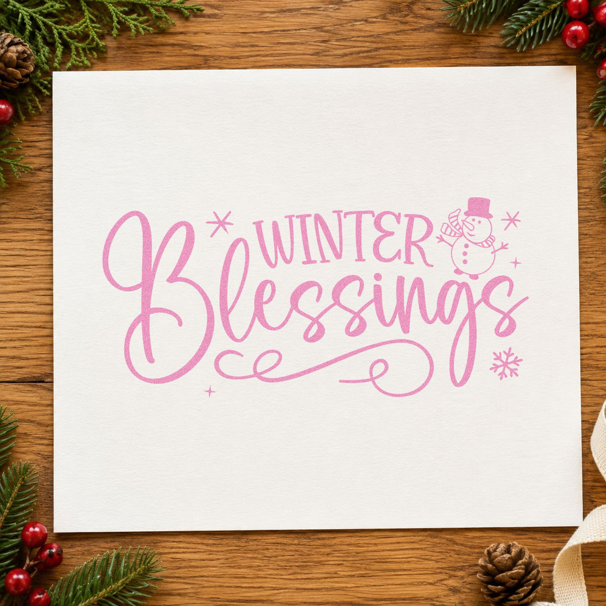 Winter Blessings Snowman Flourish craft stamp in purple ink on cardstock, an easy option for gratitude album page.