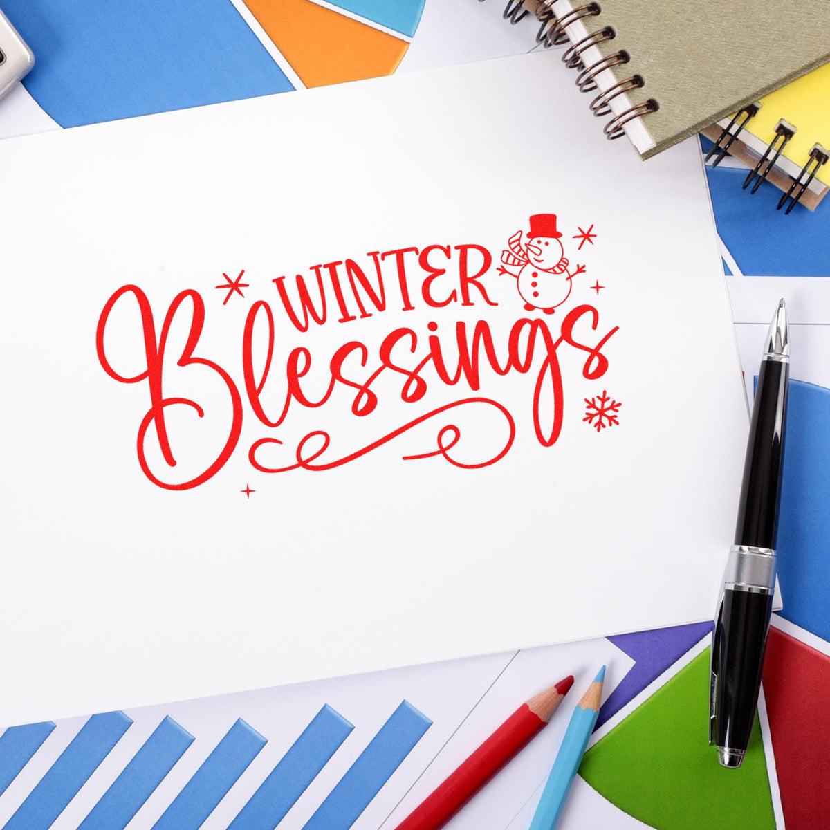 Winter Blessings Snowman Flourish rubber stamp shown in red ink, stamped for projects such as gratitude album page.