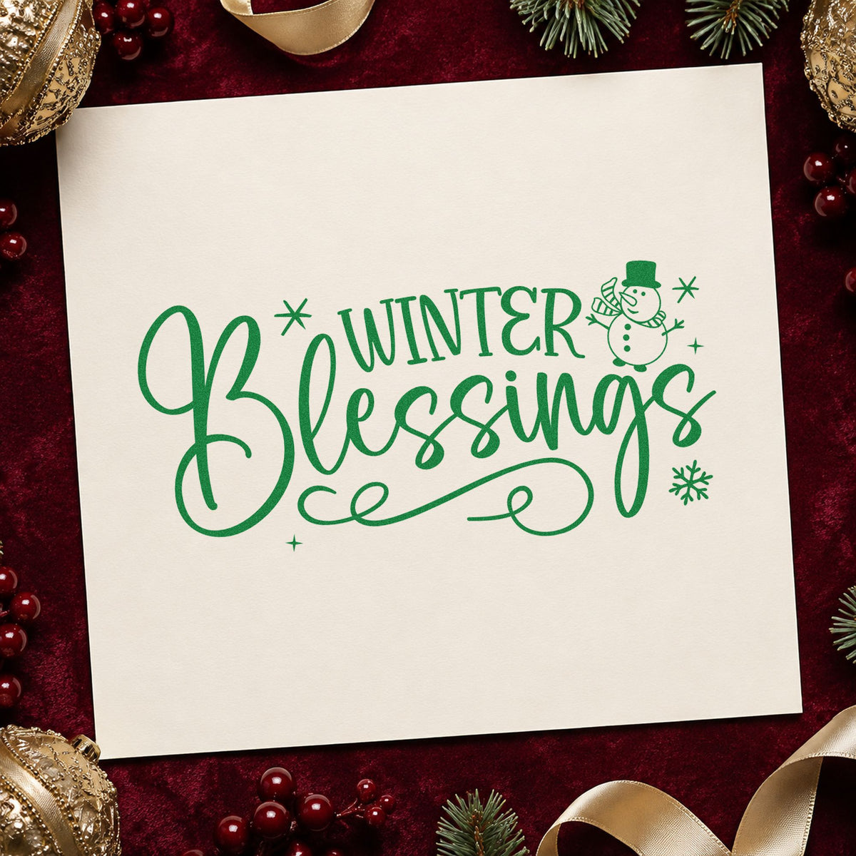 Winter Blessings Snowman Flourish craft stamp imprint in green ink on a handmade project, one idea being care basket tags.