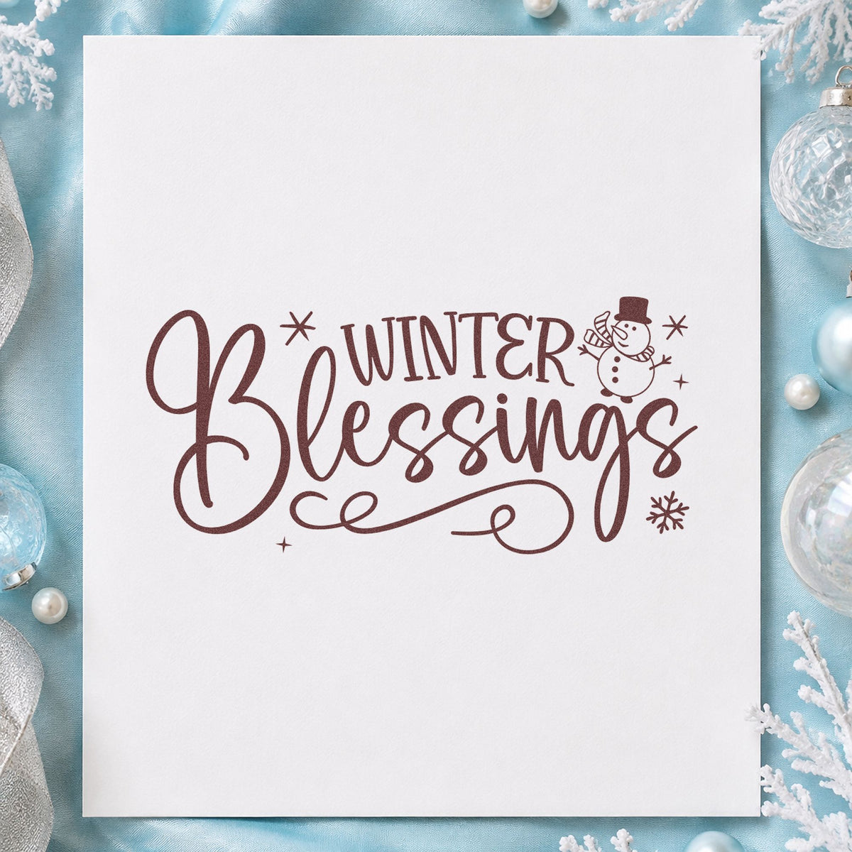 Winter Blessings Snowman Flourish rubber stamp printed in brown ink, ready for blessing count sheet and similar paper crafts.