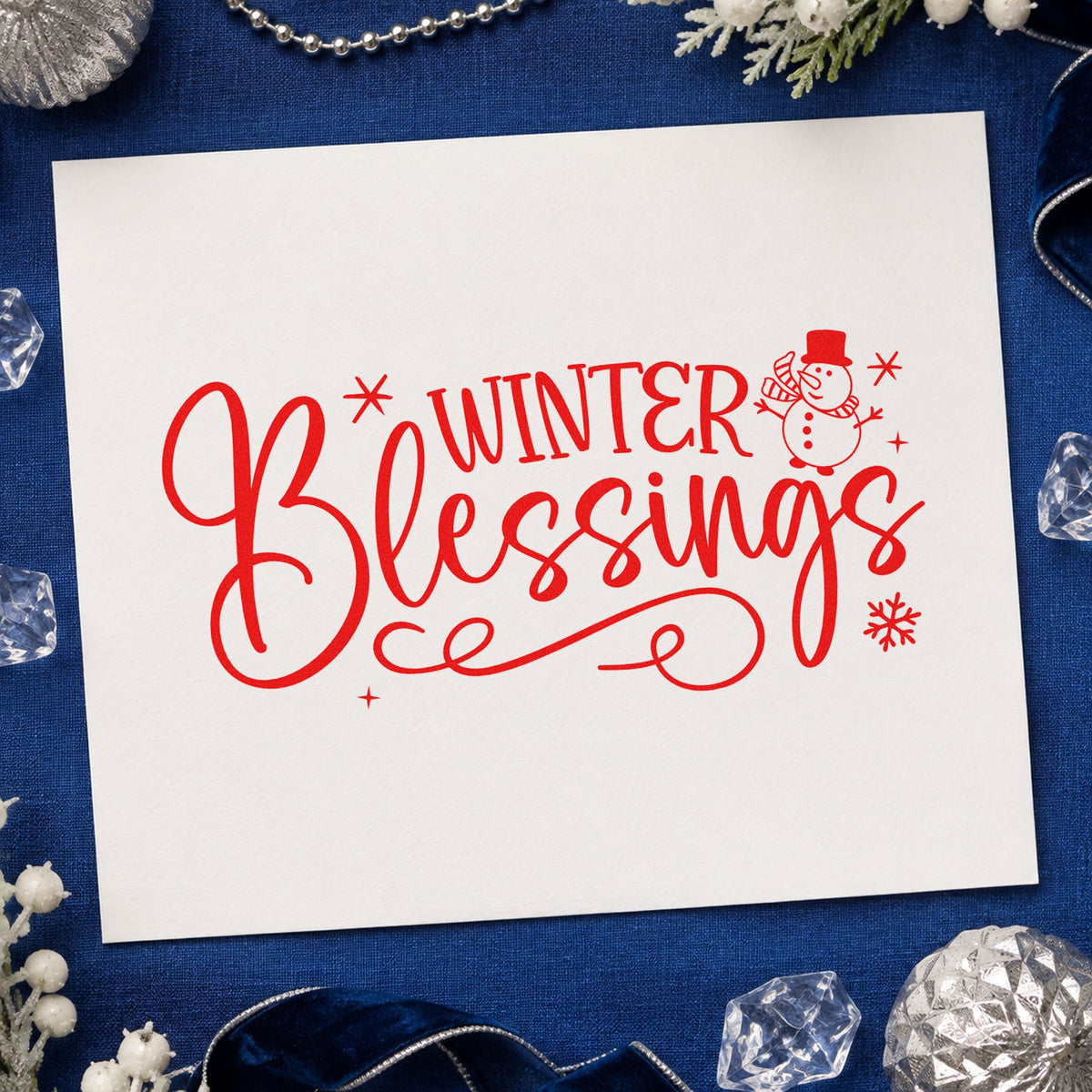Winter Blessings Snowman Flourish craft stamp in red ink on cardstock, an easy option for shawl corner printing.