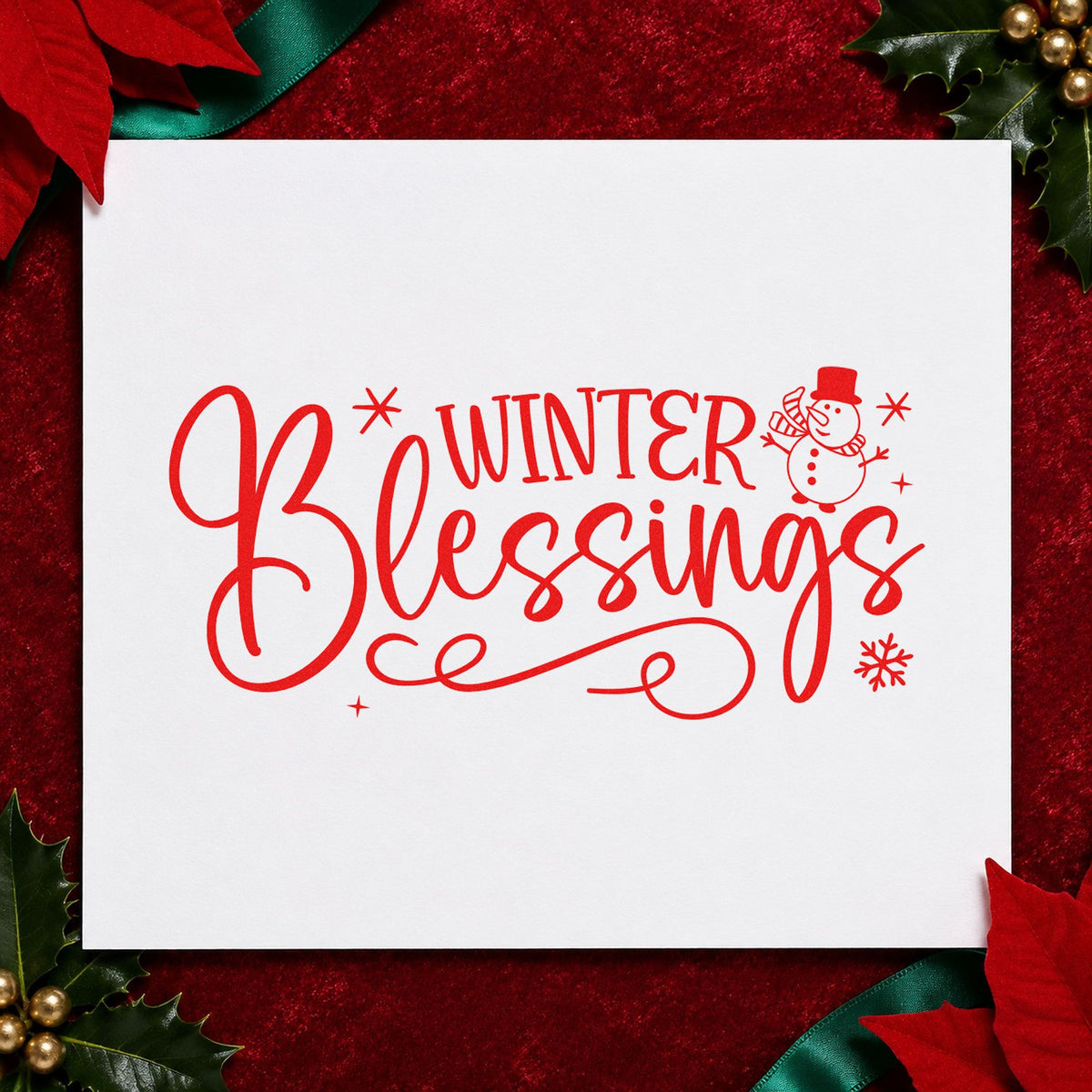Winter Blessings Snowman Flourish rubber stamp shown in red ink, stamped for projects such as soup jar labels.