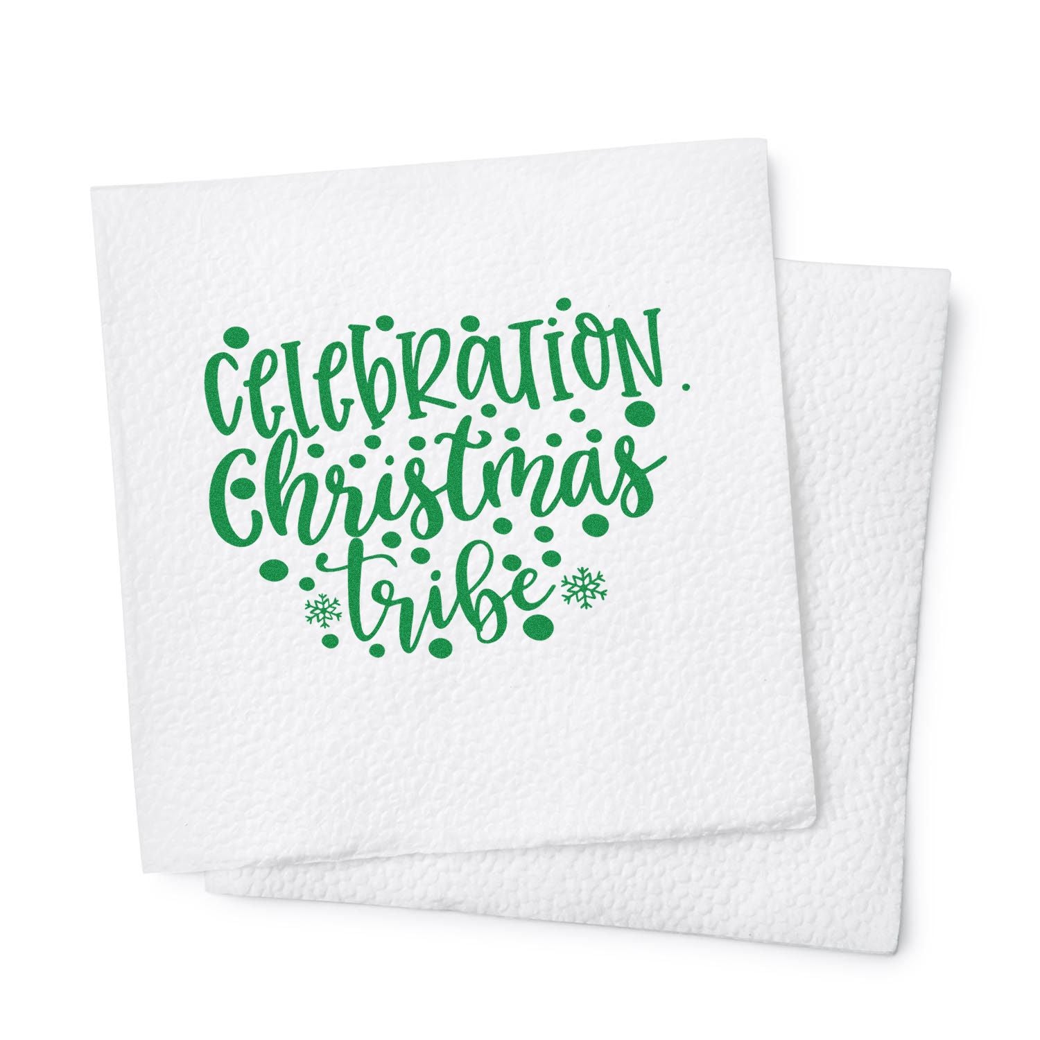 Green Christmas Tribe celebration rubber stamp design on white paper, ideal for holiday cards, crafts, and custom stamping.