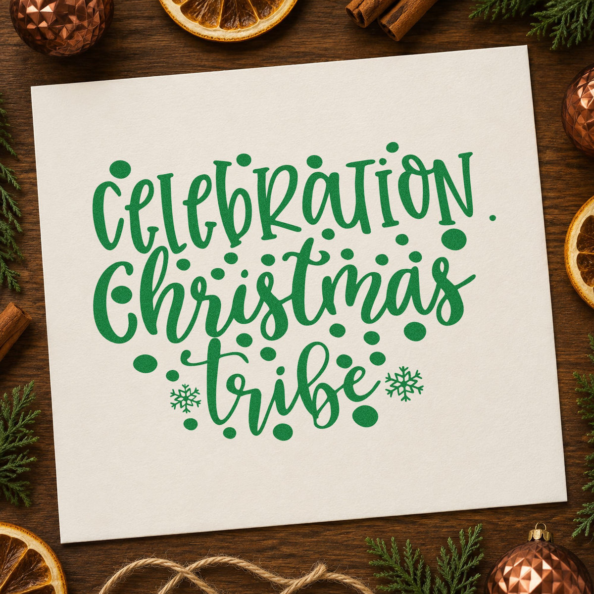 Celebration Christmas Vibes Dots craft stamp imprint in green ink on a handmade project, one idea being party favor tags.